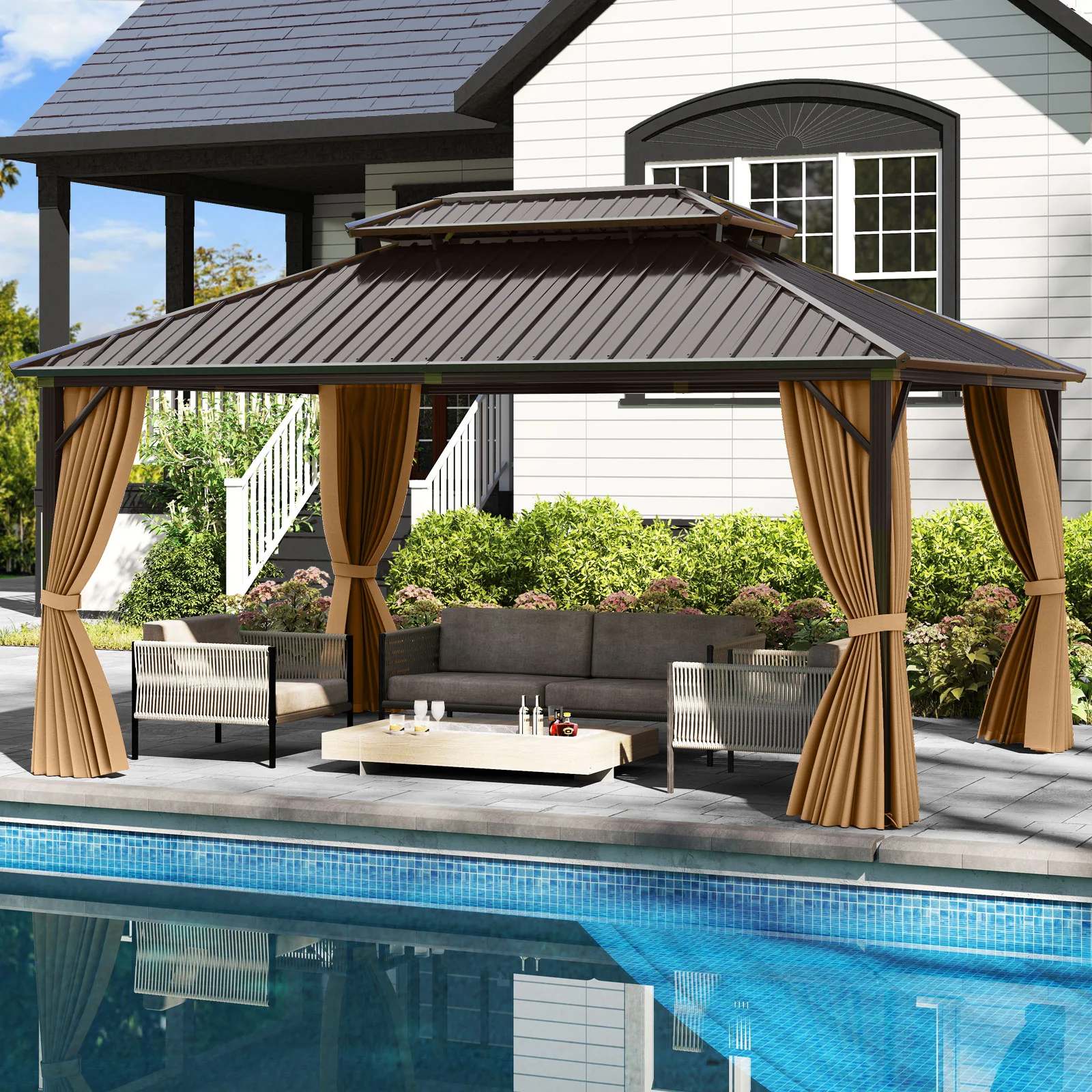 16 x 12 Feet Hardtop Gazebo Aluminum Frame Permanent Pavilion with Curtains and Netting-Coffee - Image 2