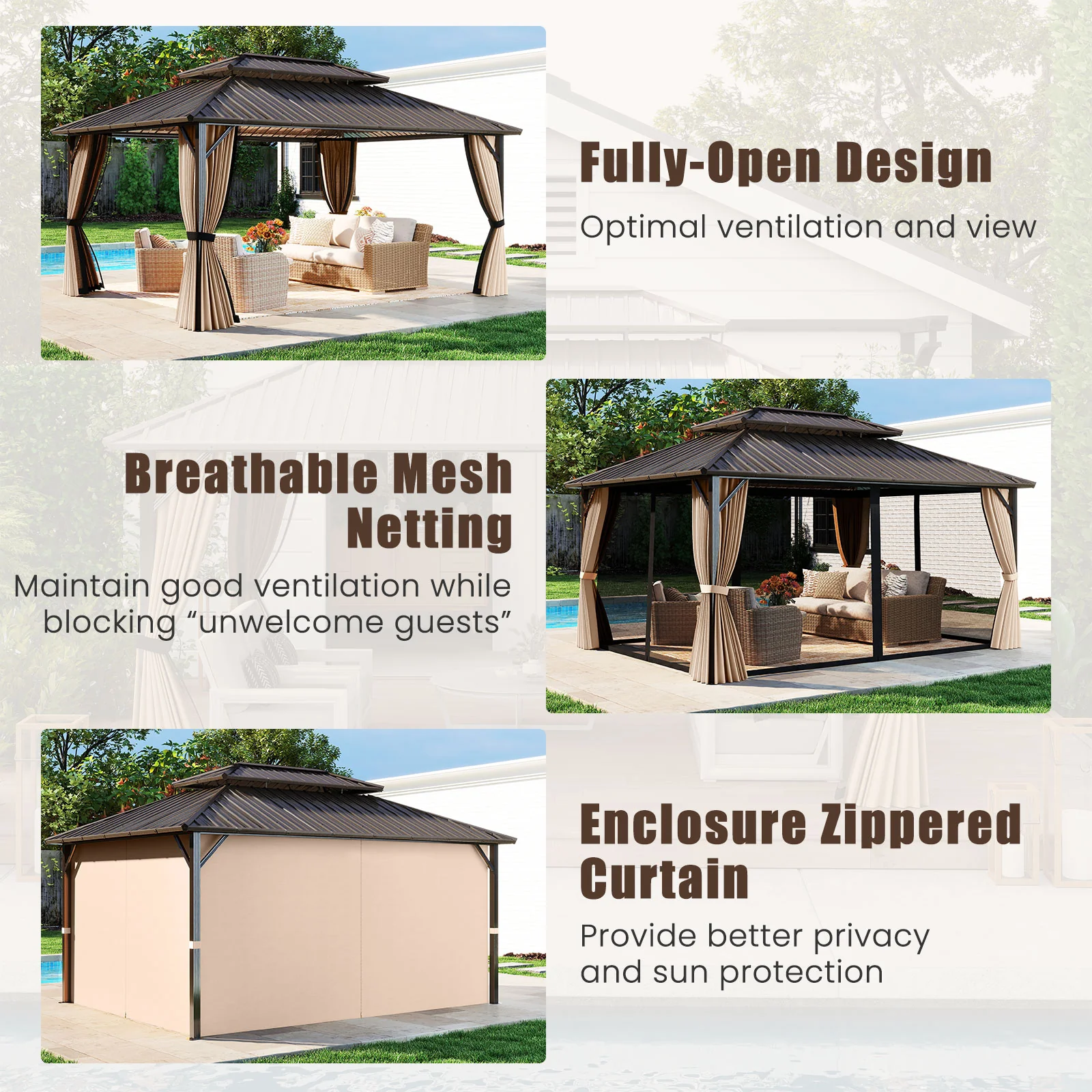 16 x 12 FT Hardtop Gazebo Outdoor Pergola for Patio Garden Deck Lawn Backyard Party Tent-Coffee - Image 8