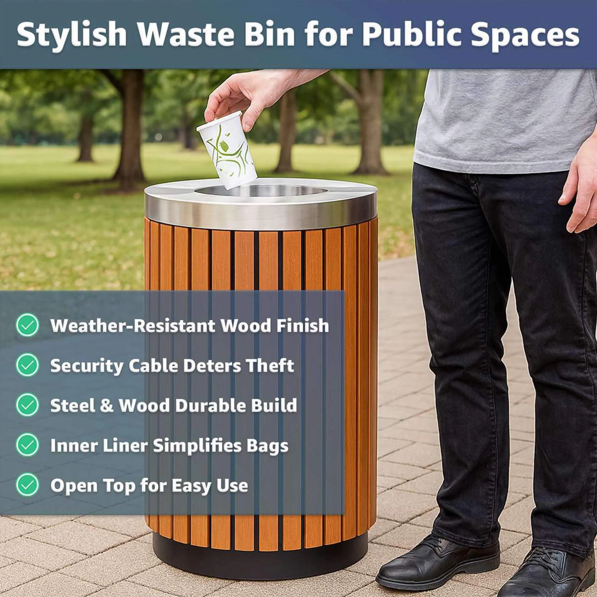 17-Gallon Commercial Round Outdoor Trash Can with Open Lid - Image 5