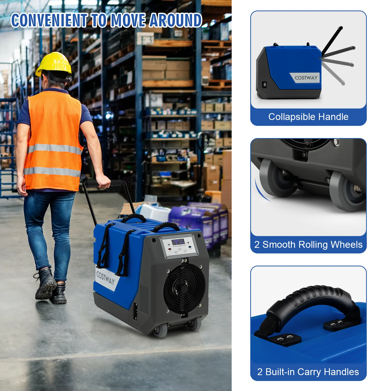 180 PPD Commercial Dehumidifier with Pump Drain Hose and Wheels-Blue - Image 7