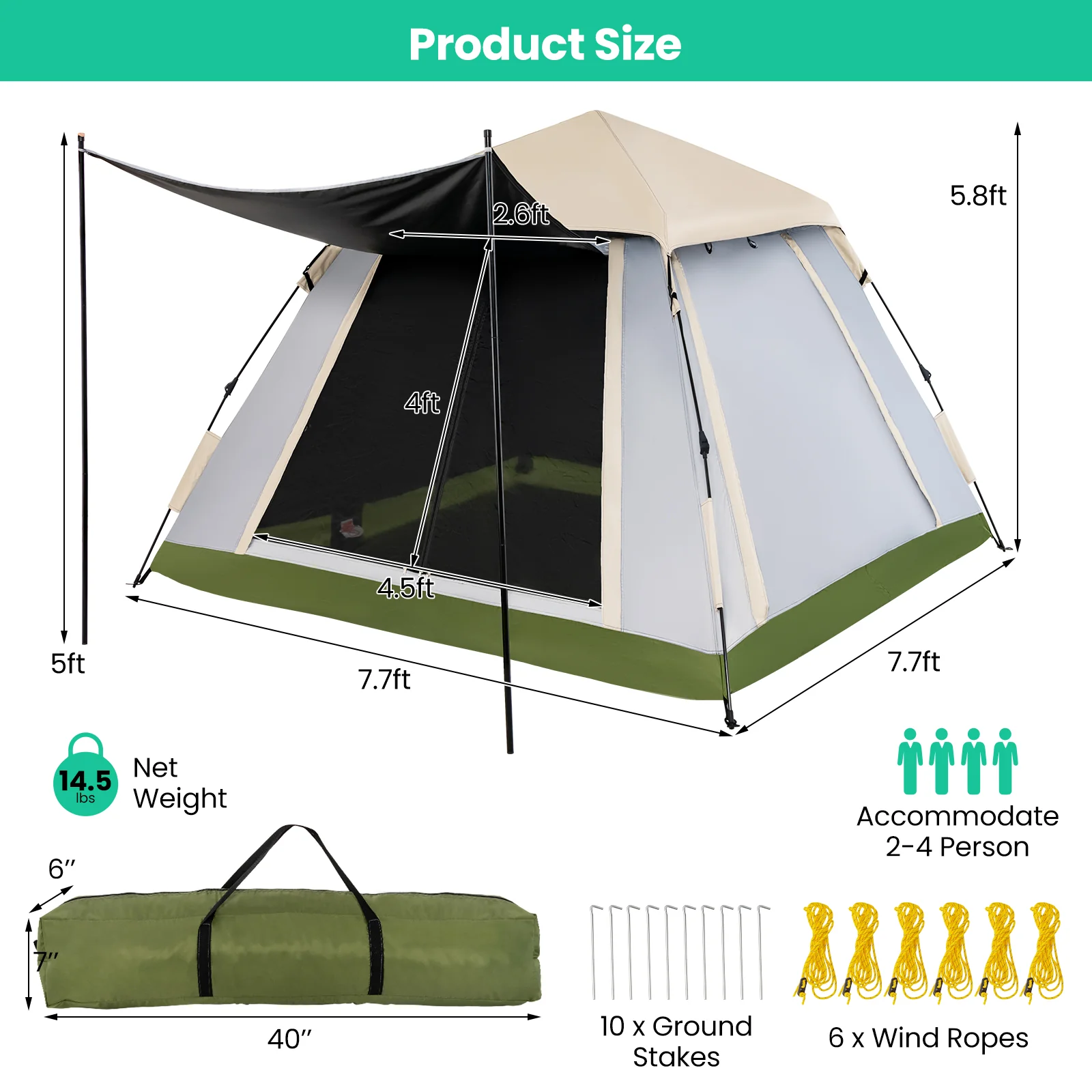 2-4 Person Instant Pop-up Camping Tent with Removable Rainfly - Image 5