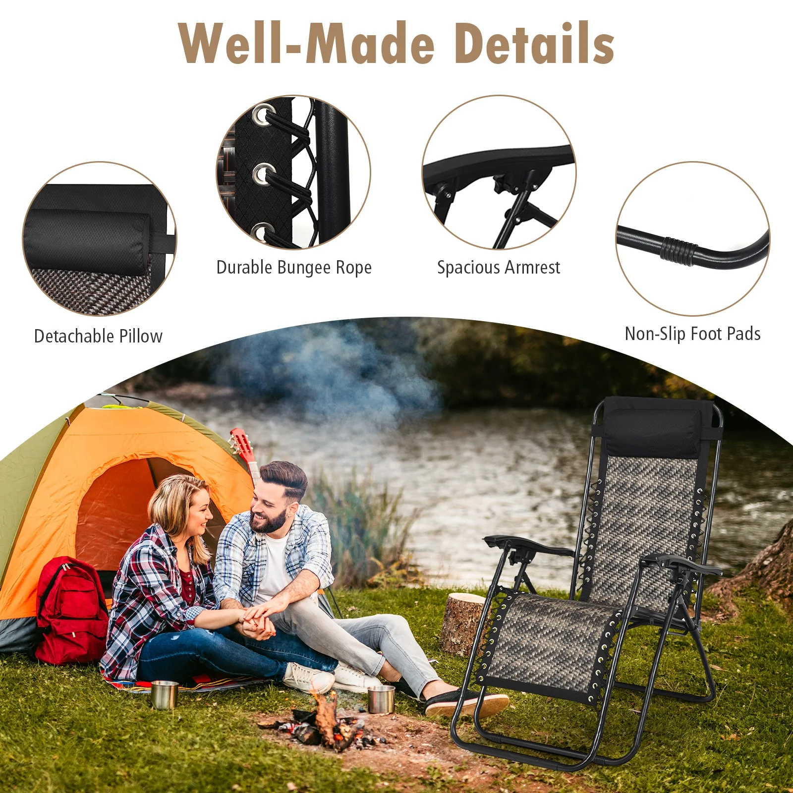 2 Pieces Folding Patio Rattan Zero Gravity Lounge Chair-Gray - Image 2