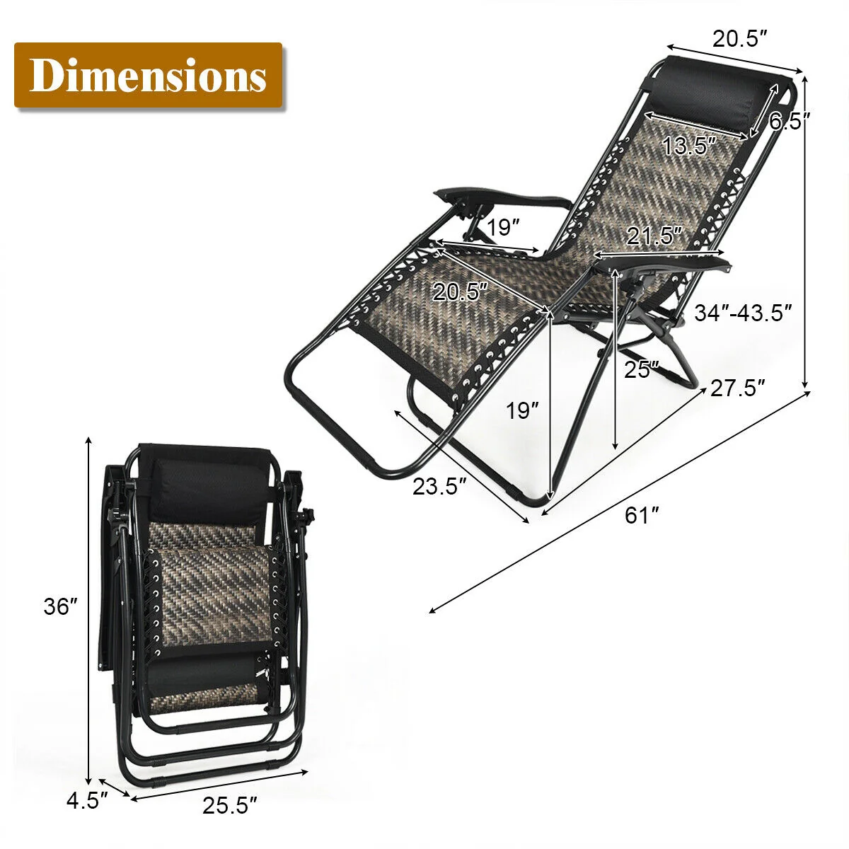 2 Pieces Folding Patio Rattan Zero Gravity Lounge Chair-Gray - Image 4