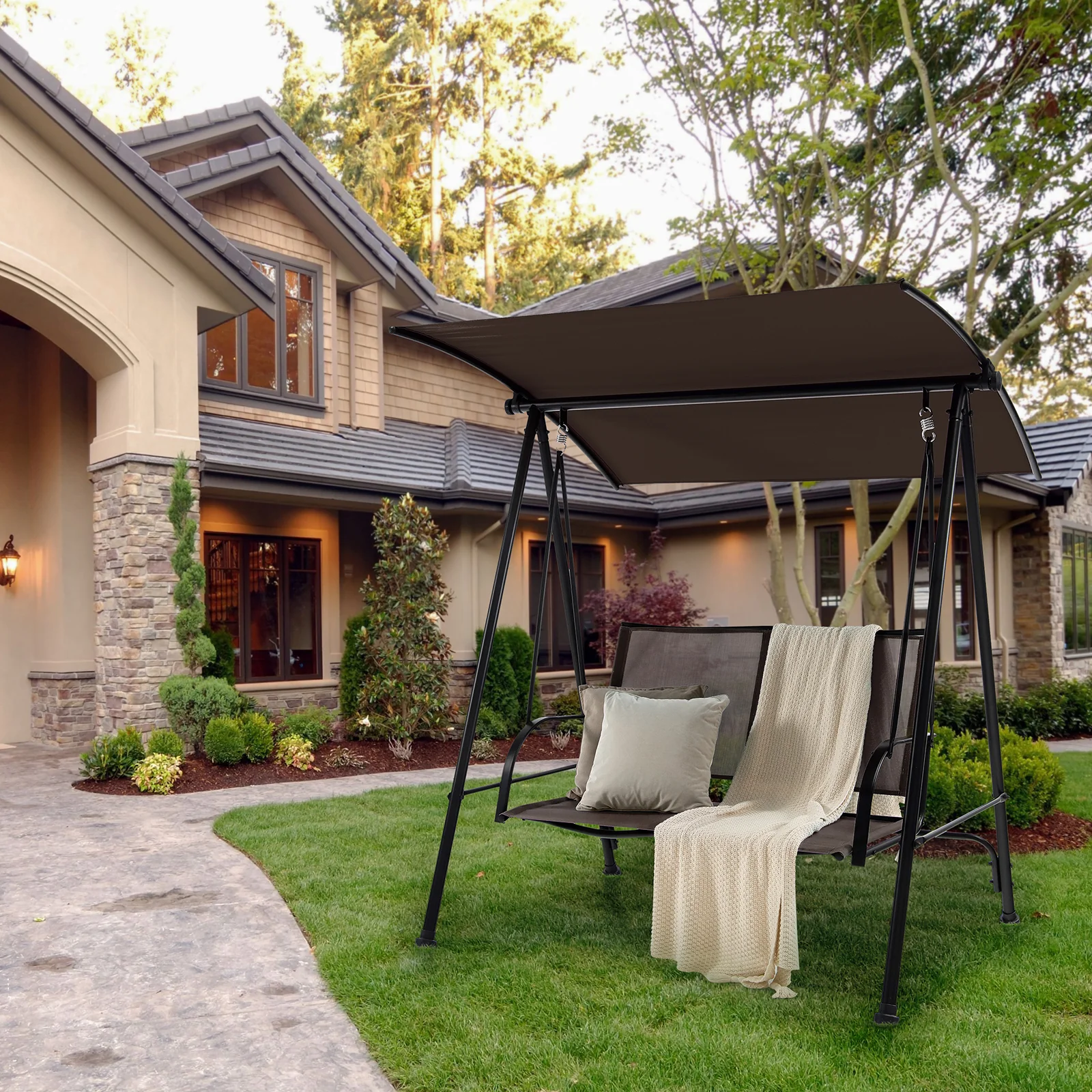 2-Seat Outdoor Canopy Swing with Comfortable Fabric Seat and Heavy-duty Metal Frame - Image 13