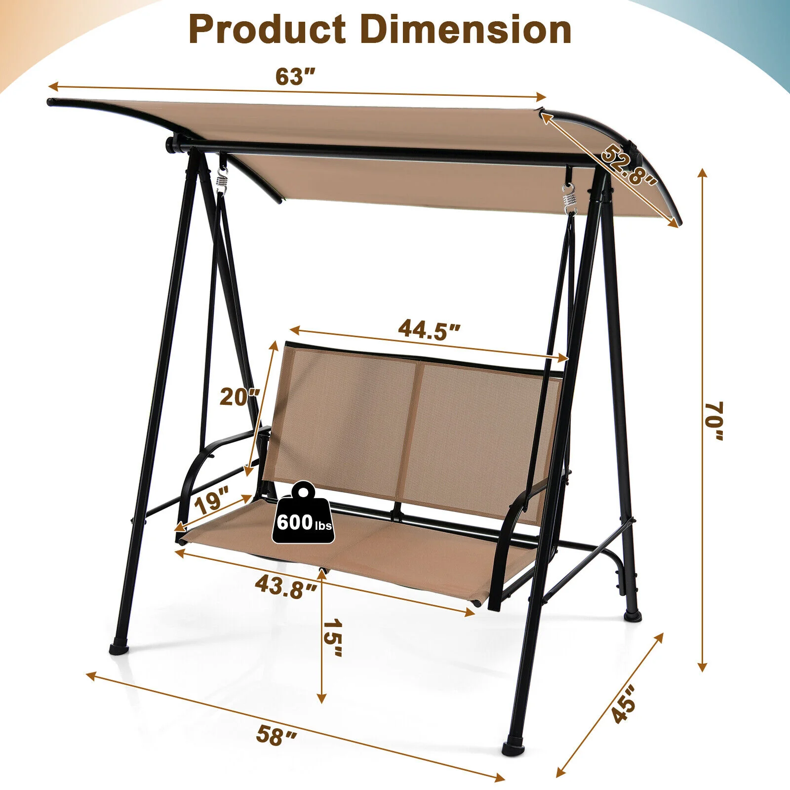 2-Seat Outdoor Canopy Swing with Comfortable Fabric Seat and Heavy-duty Metal Frame - Image 5