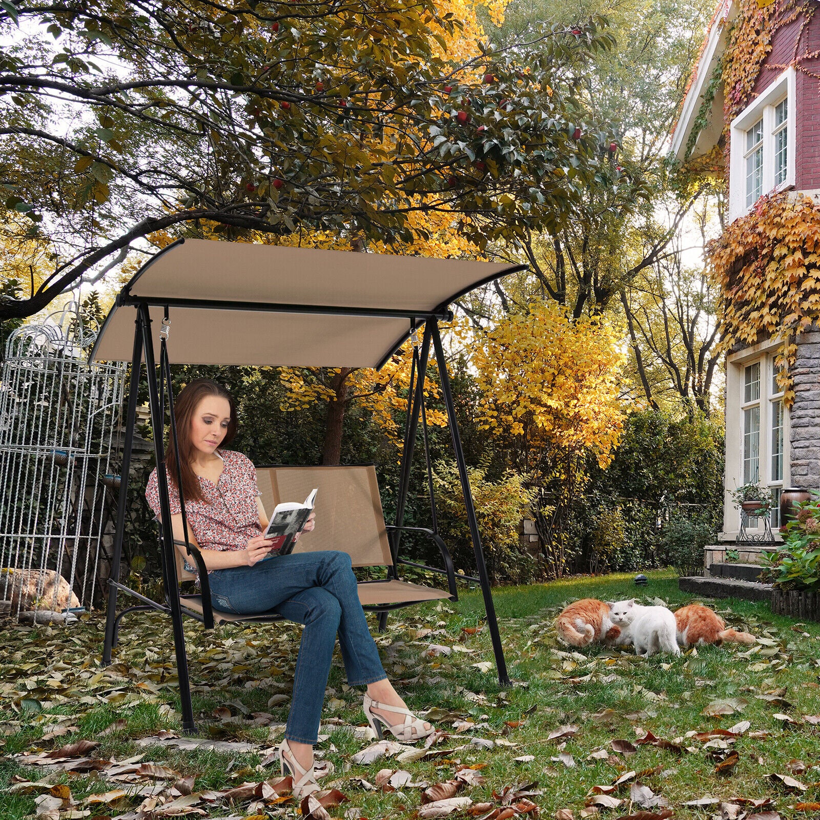 2-Seat Outdoor Canopy Swing with Comfortable Fabric Seat and Heavy-duty Metal Frame - Image 6