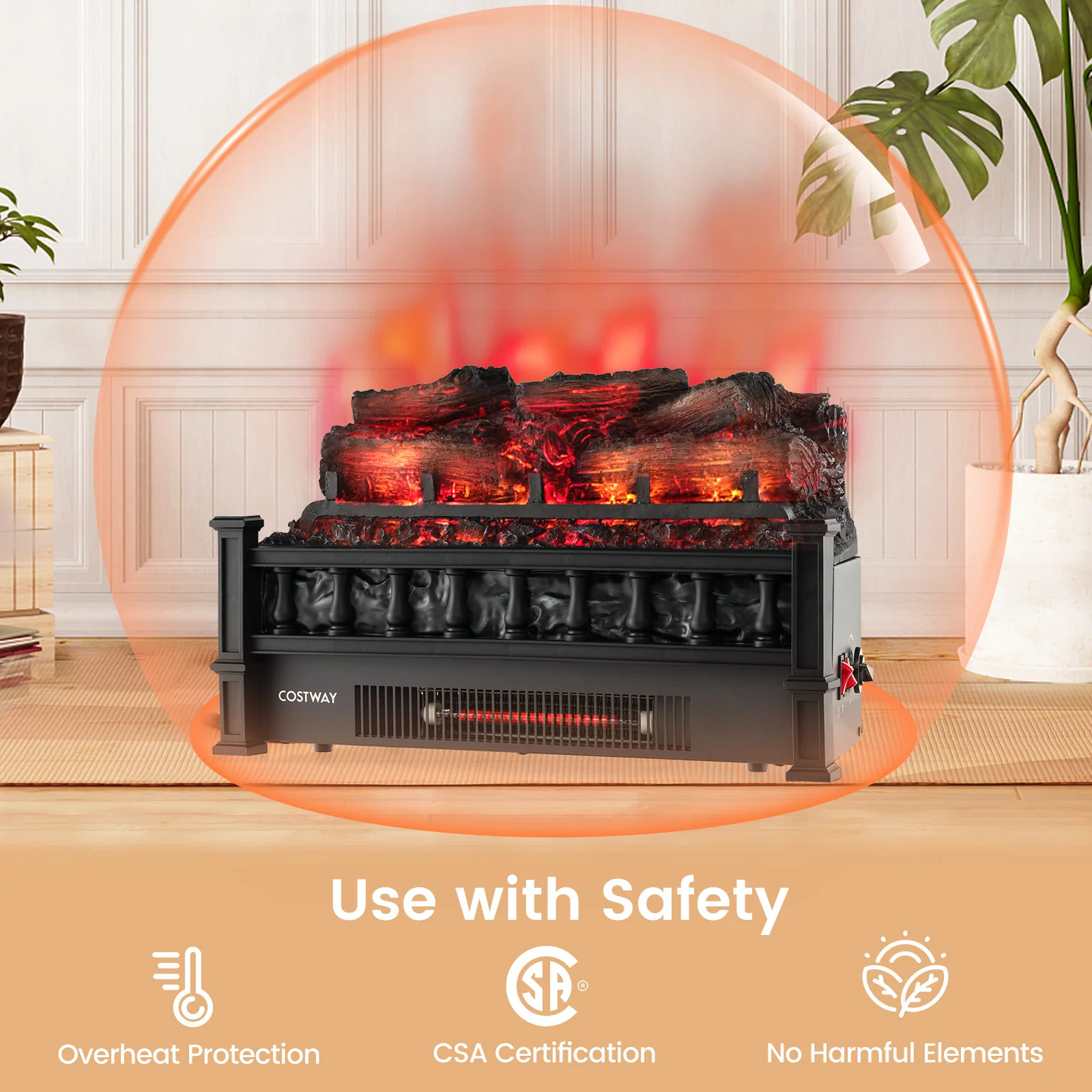 20" Electric Fireplace Heater with Realistic Pinewood Ember Bed - Image 6