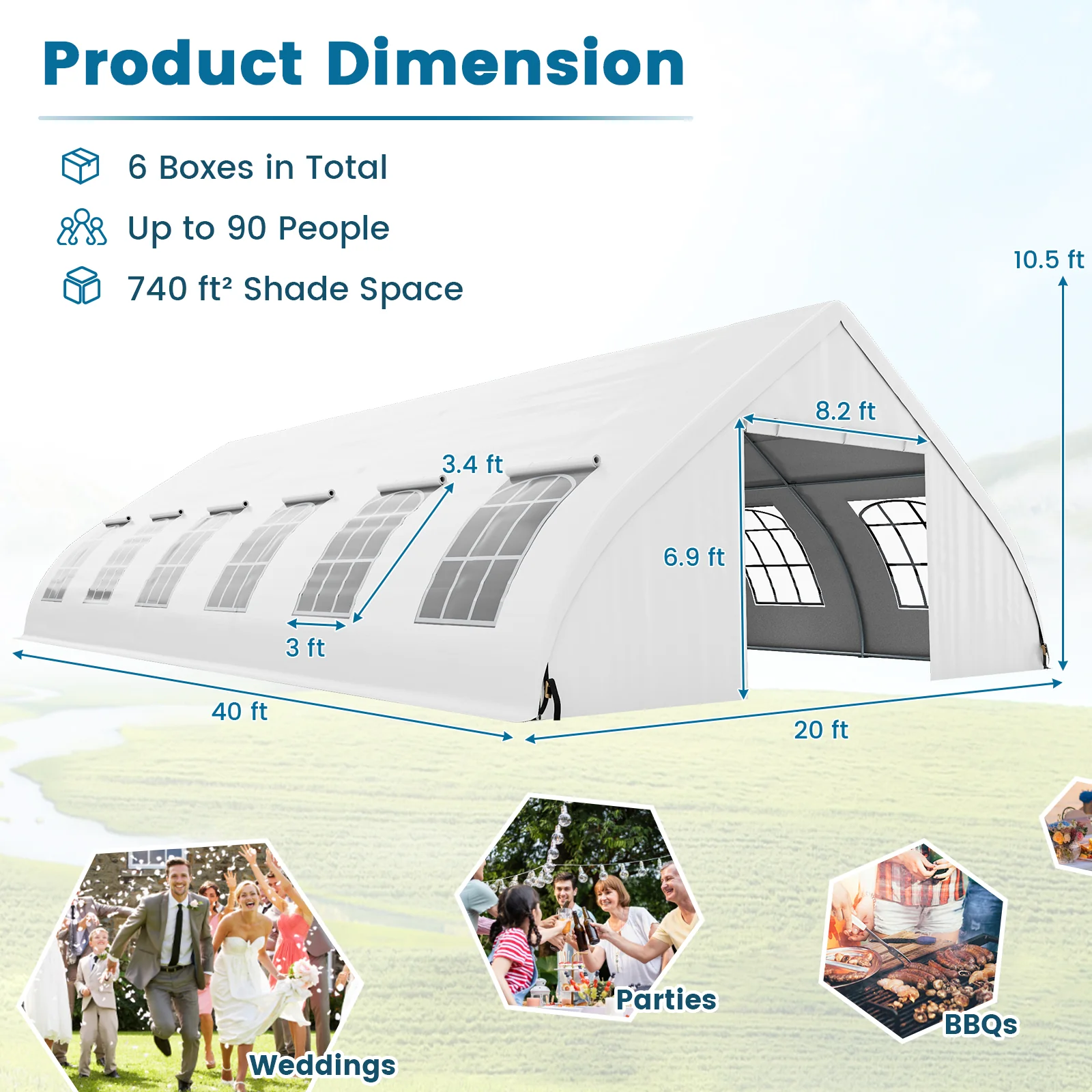20 x 40 FT Peach Shaped Party Tent Wedding Canopy with Zipper Doors-White - Image 5