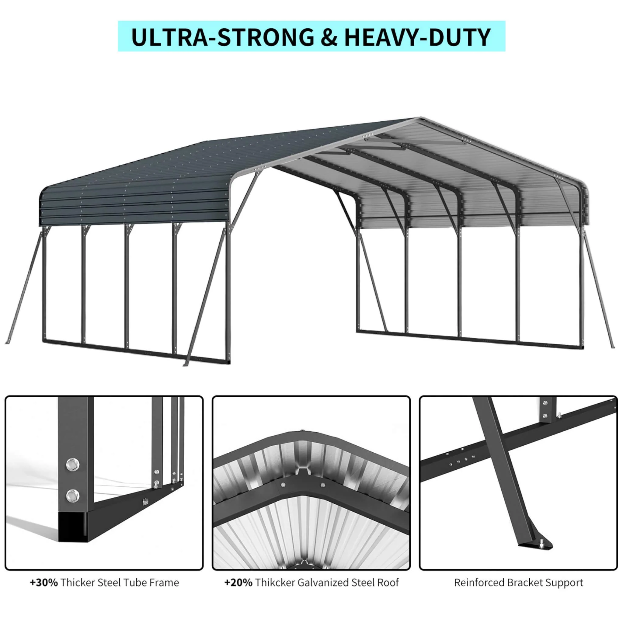 20' x 20' FT Alora Extra Large Heavy-Duty Outdoor Metal Carport With Galvanized Steel Roof - Image 4