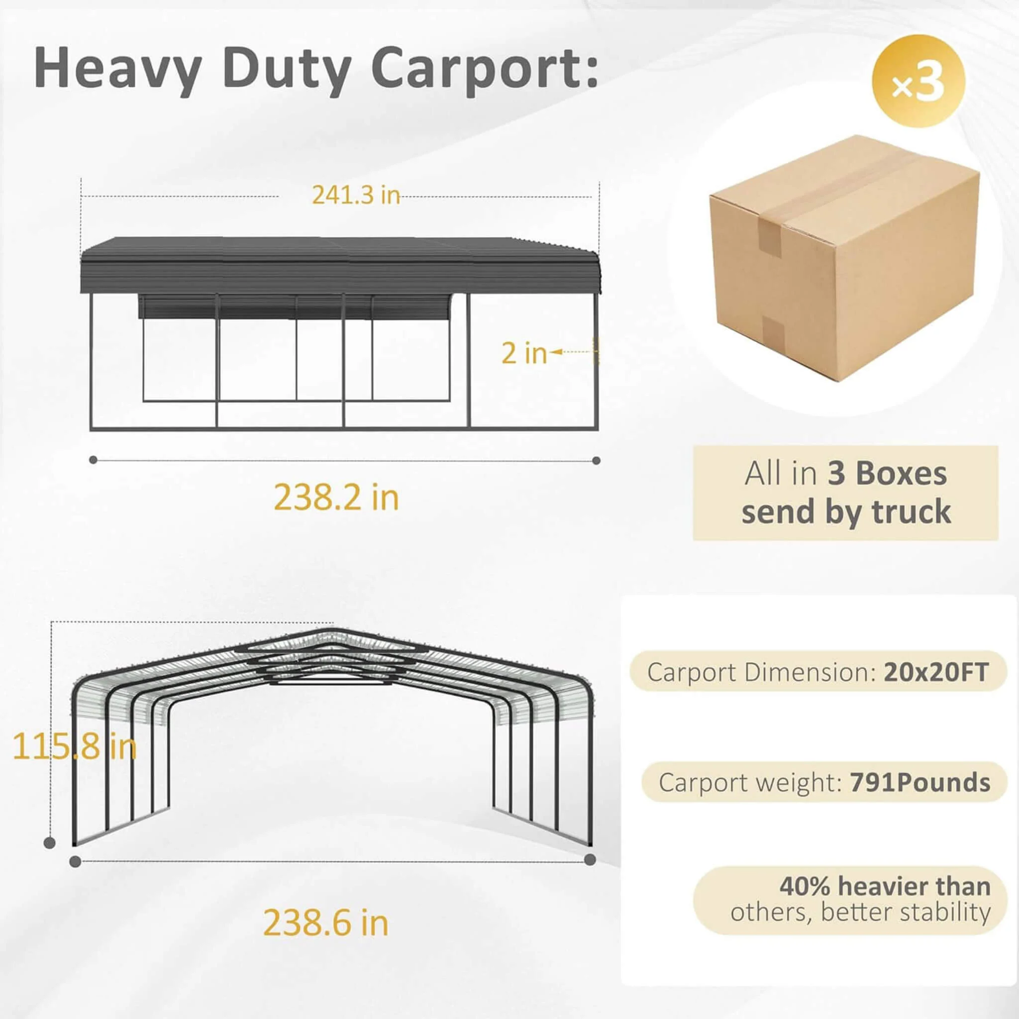 20' x 20' FT Alora Heavy Duty Extra Large 2 Car Metal Carport Kit - Image 2