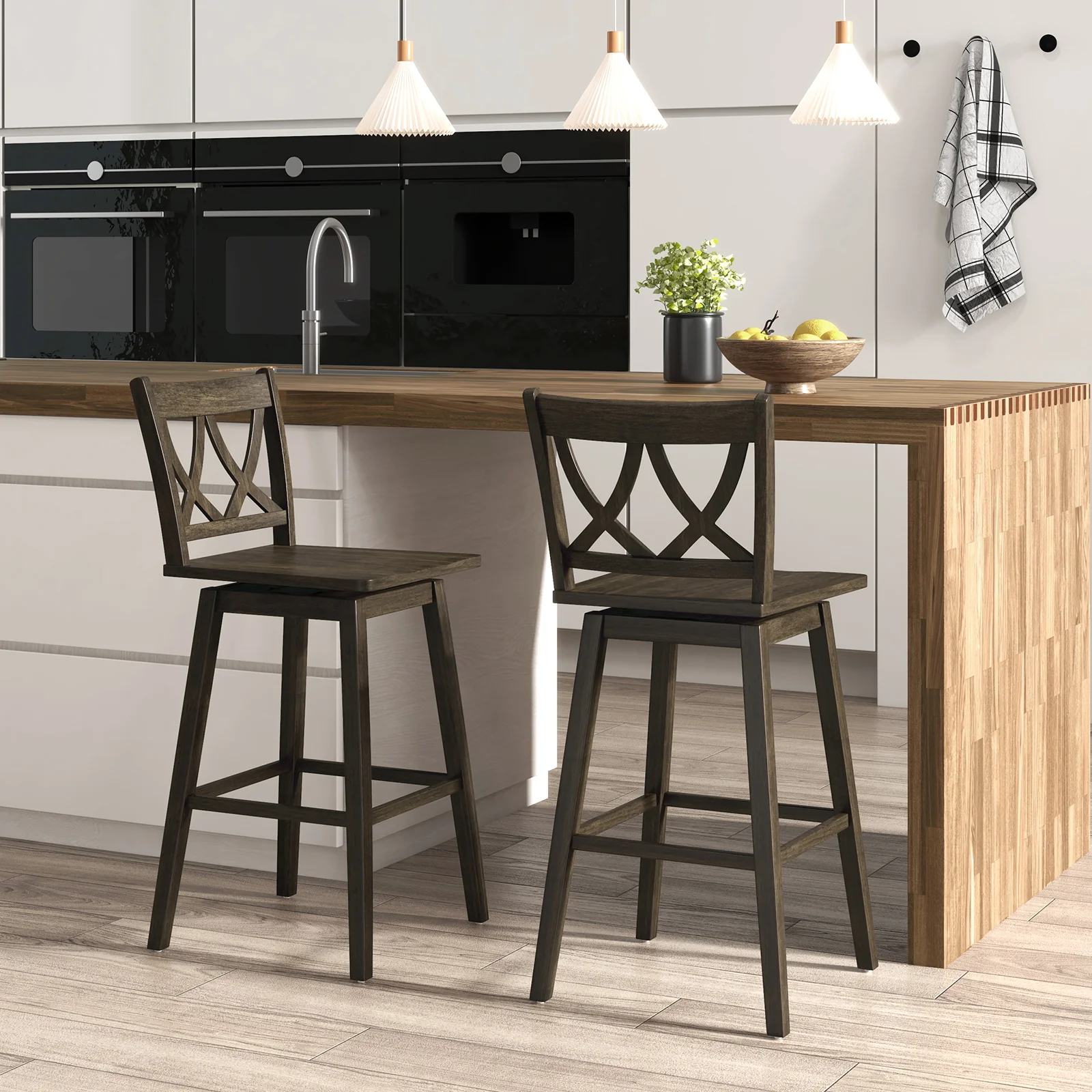 Adjustable 24" - 29" Inch Bar Stool Set of 2 Wooden Bar Chairs with Rubber Wood Frame - Image 2