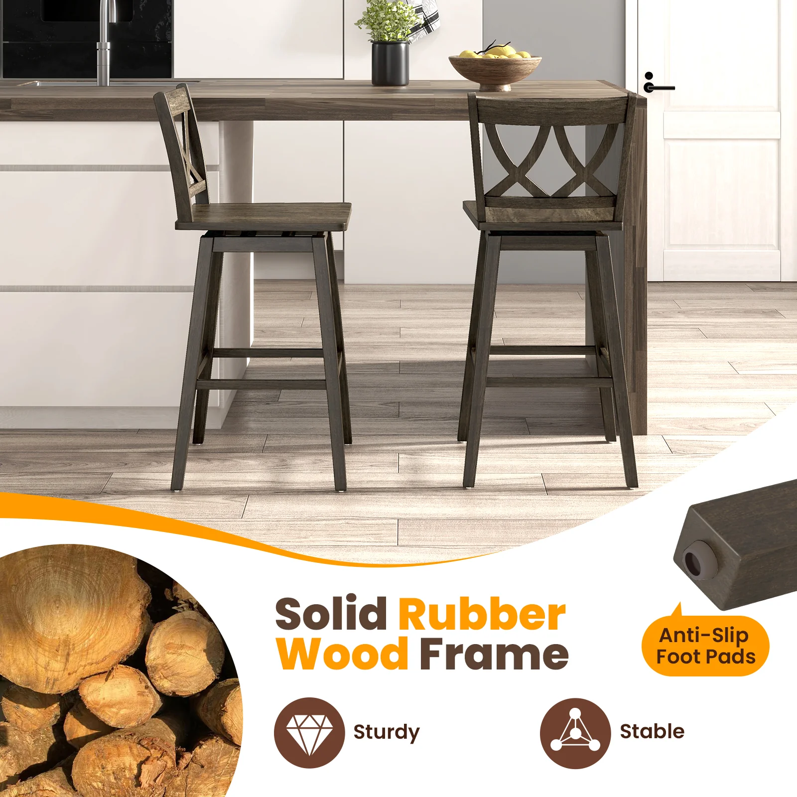 Adjustable 24" - 29" Inch Bar Stool Set of 2 Wooden Bar Chairs with Rubber Wood Frame - Image 5