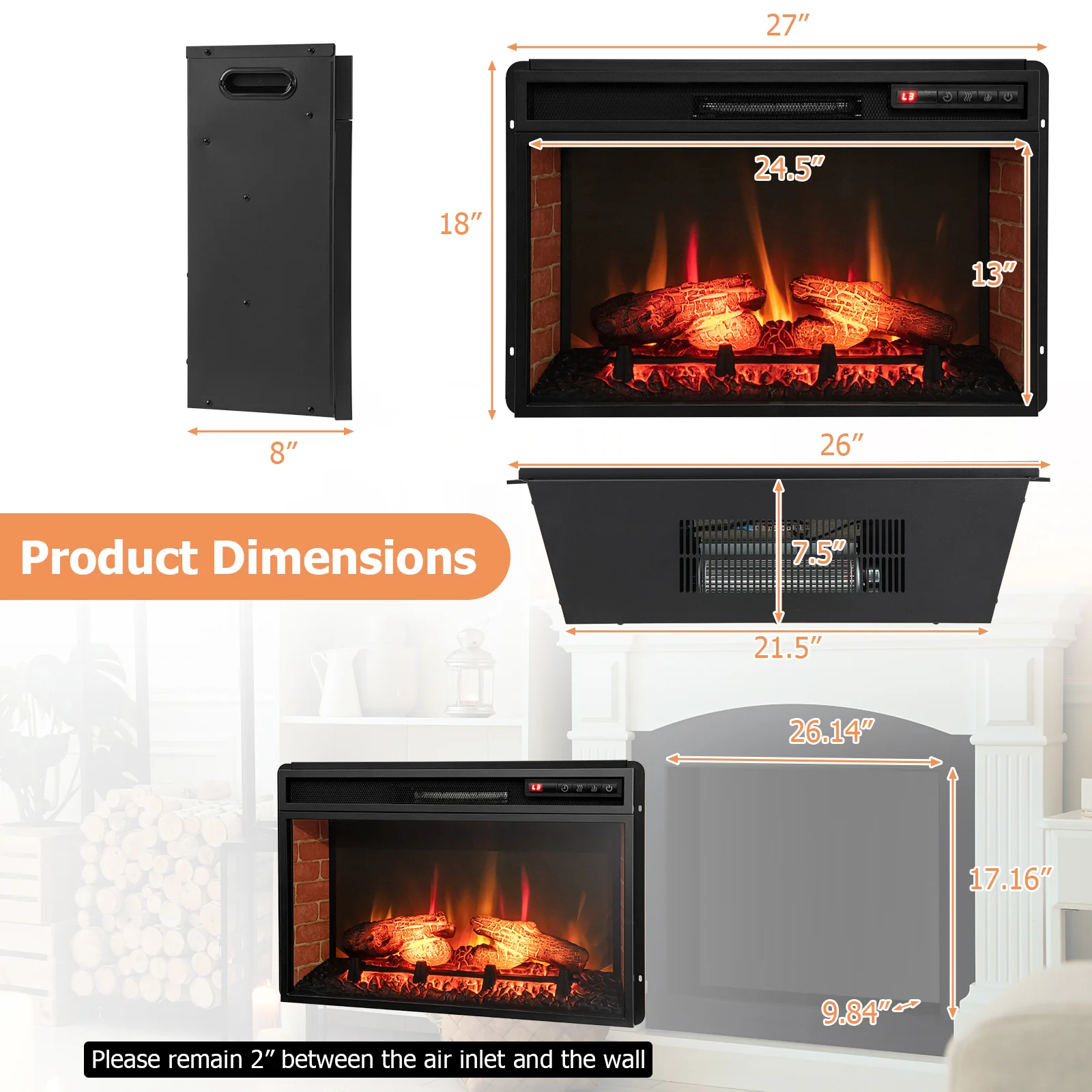 26 Inch Infrared Electric Fireplace Insert with Remote Control-Black - Image 5
