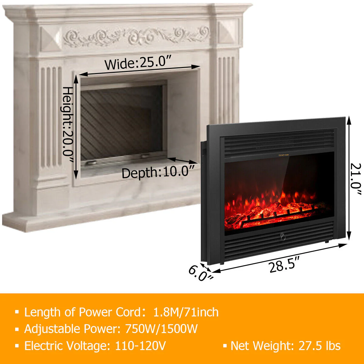 28.5 Inch Electric Fireplace Recessed with 3 Flame Colors - Image 5