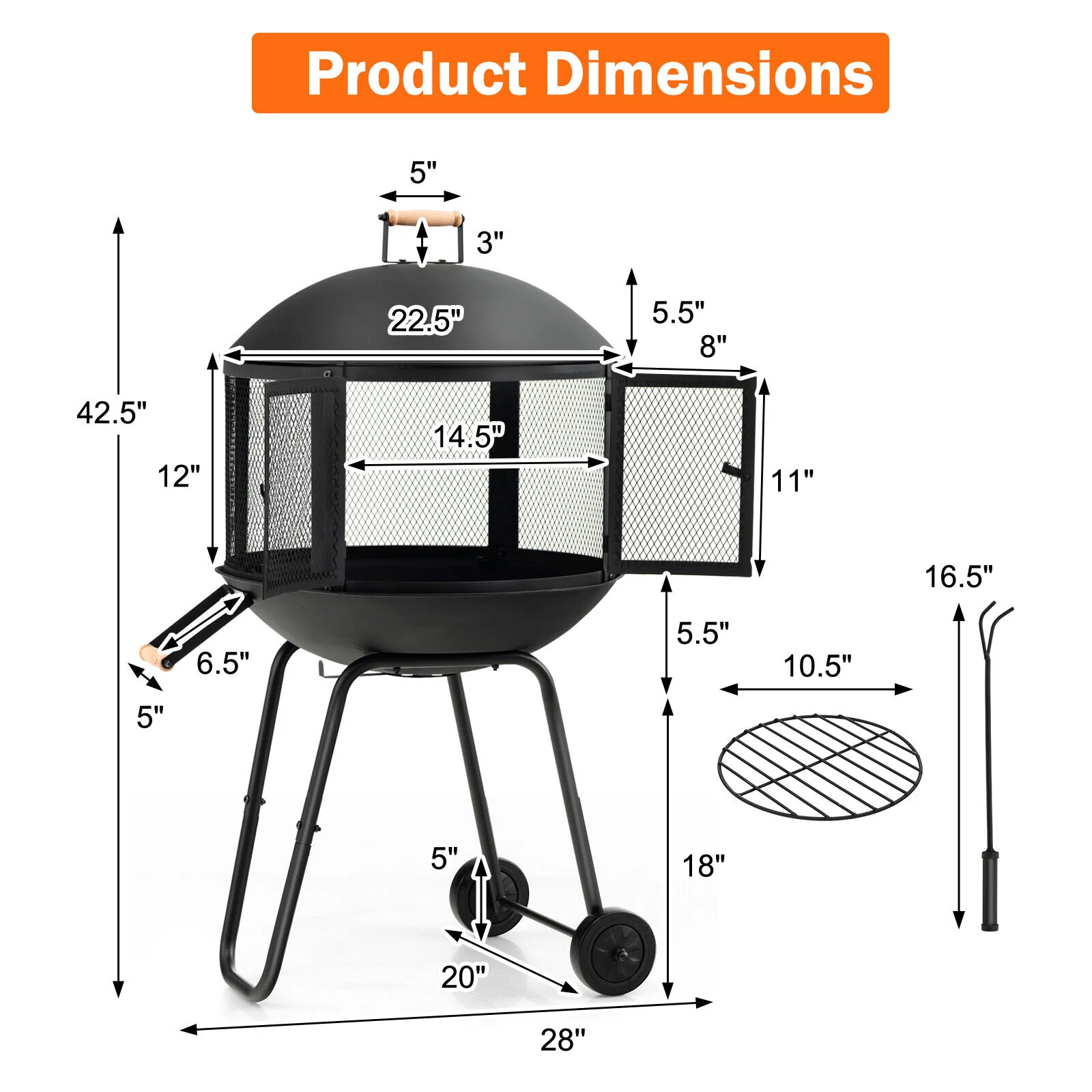 28 Inch Portable Fire Pit on Wheels with Log Grate-Black - Image 5