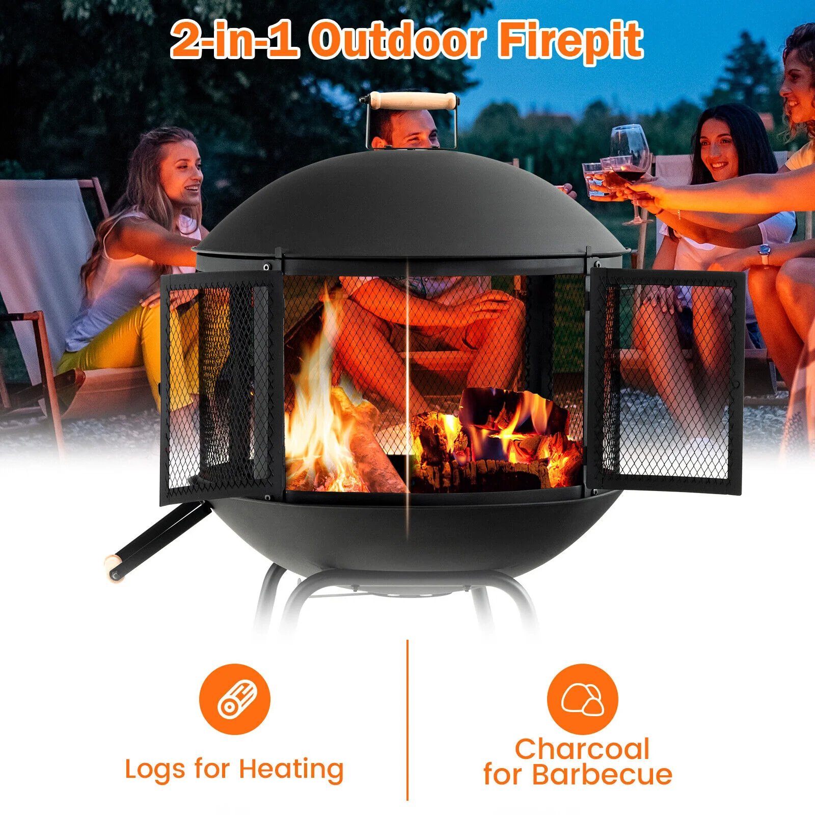 28 Inch Portable Fire Pit on Wheels with Log Grate-Black - Image 8
