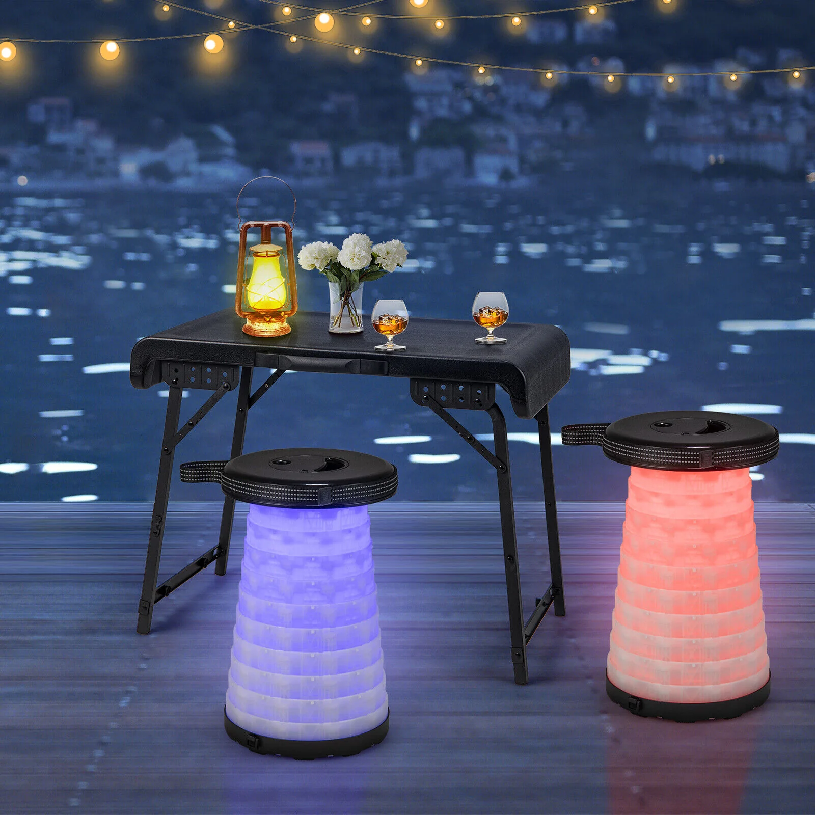 3 Pieces Folding Camping Table Stool Set with 2 Retractable LED Stools-Black - Image 2