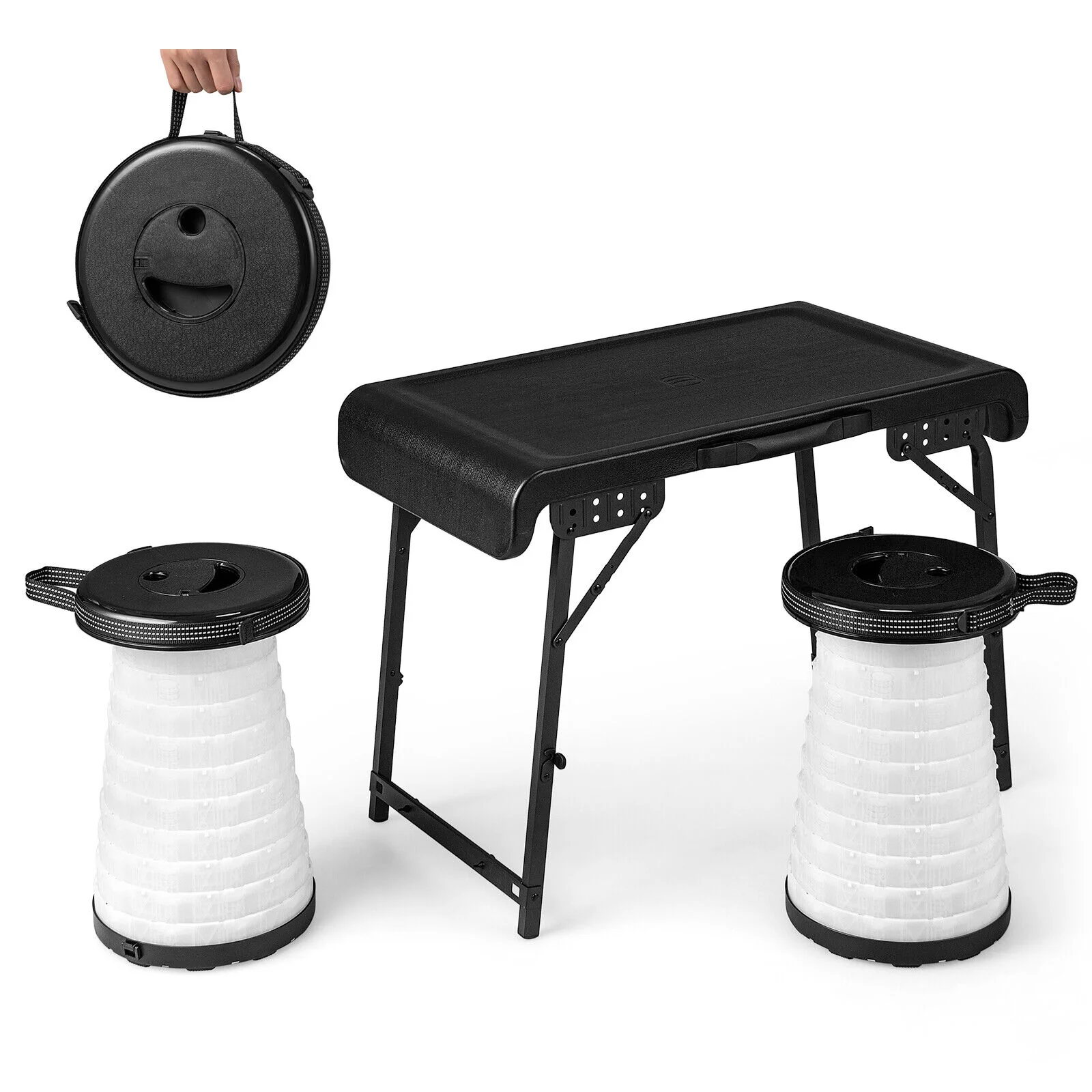 3 Pieces Folding Camping Table Stool Set with 2 Retractable LED Stools-Black - Image 4