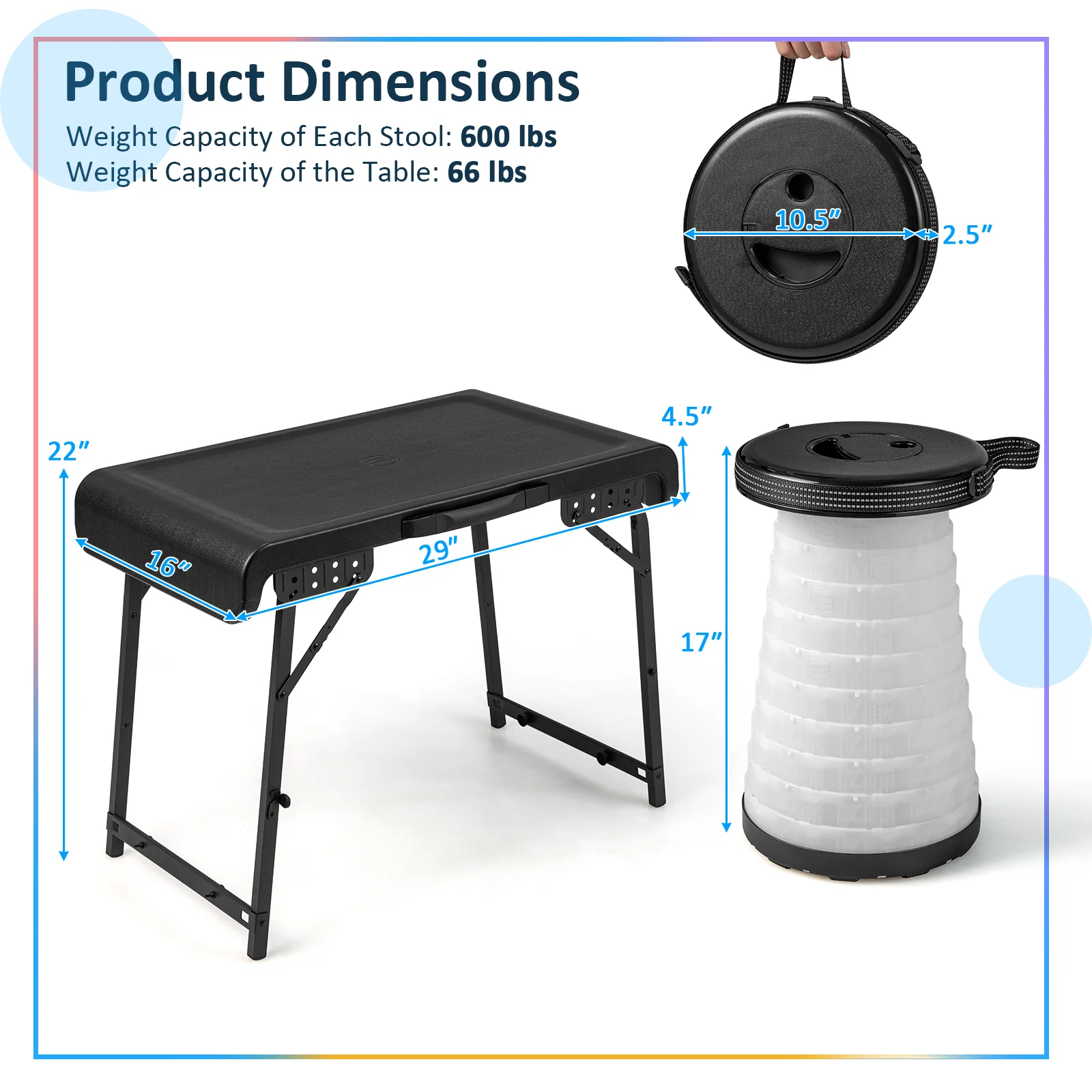 3 Pieces Folding Camping Table Stool Set with 2 Retractable LED Stools-Black - Image 5