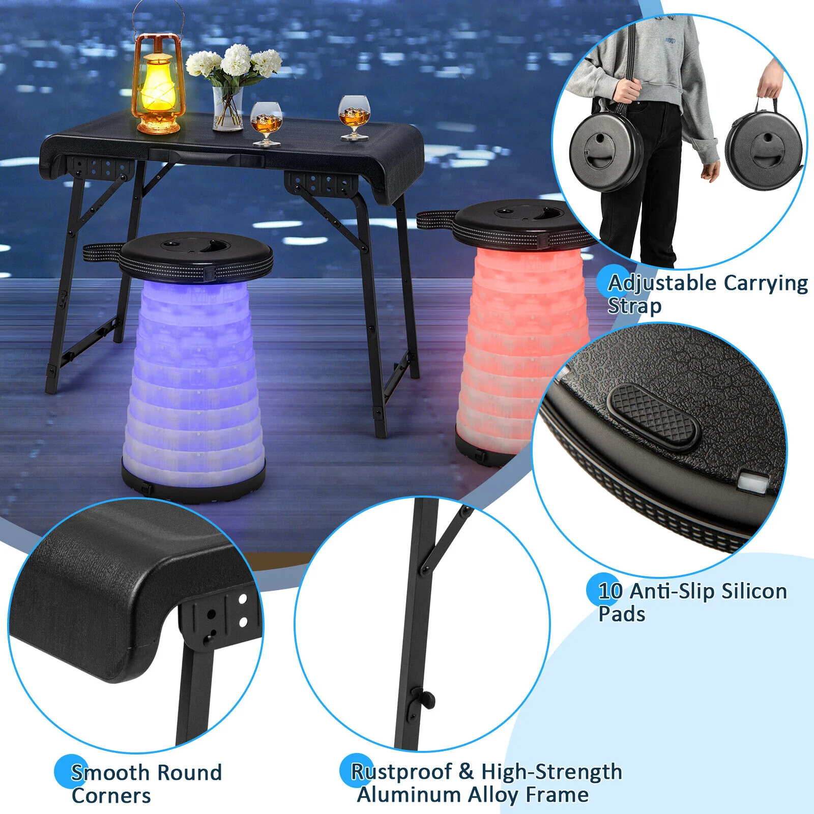 3 Pieces Folding Camping Table Stool Set with 2 Retractable LED Stools-Black - Image 8
