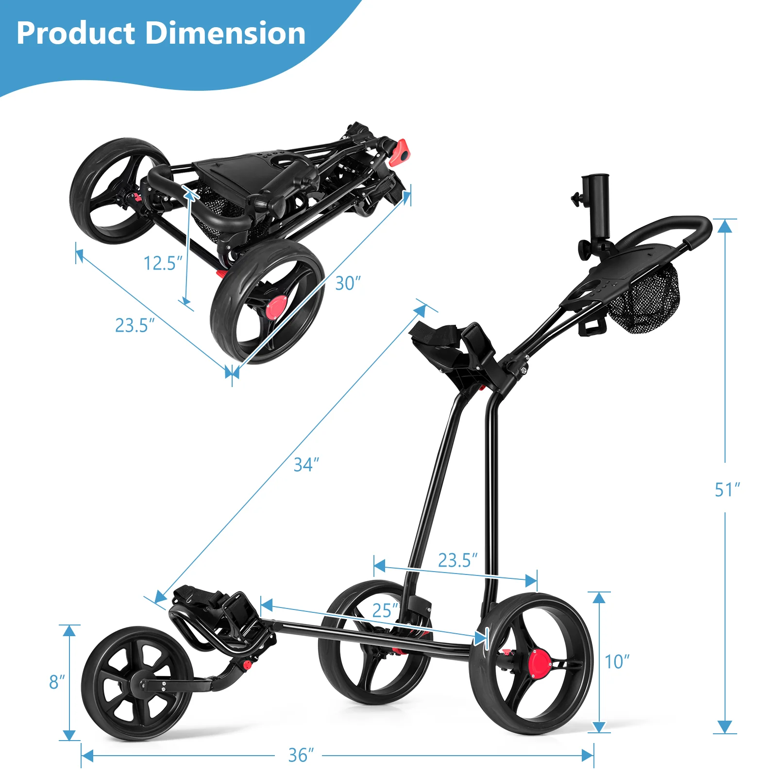 3 Wheel Durable Foldable Steel Golf Cart with Mesh Bag - Image 5