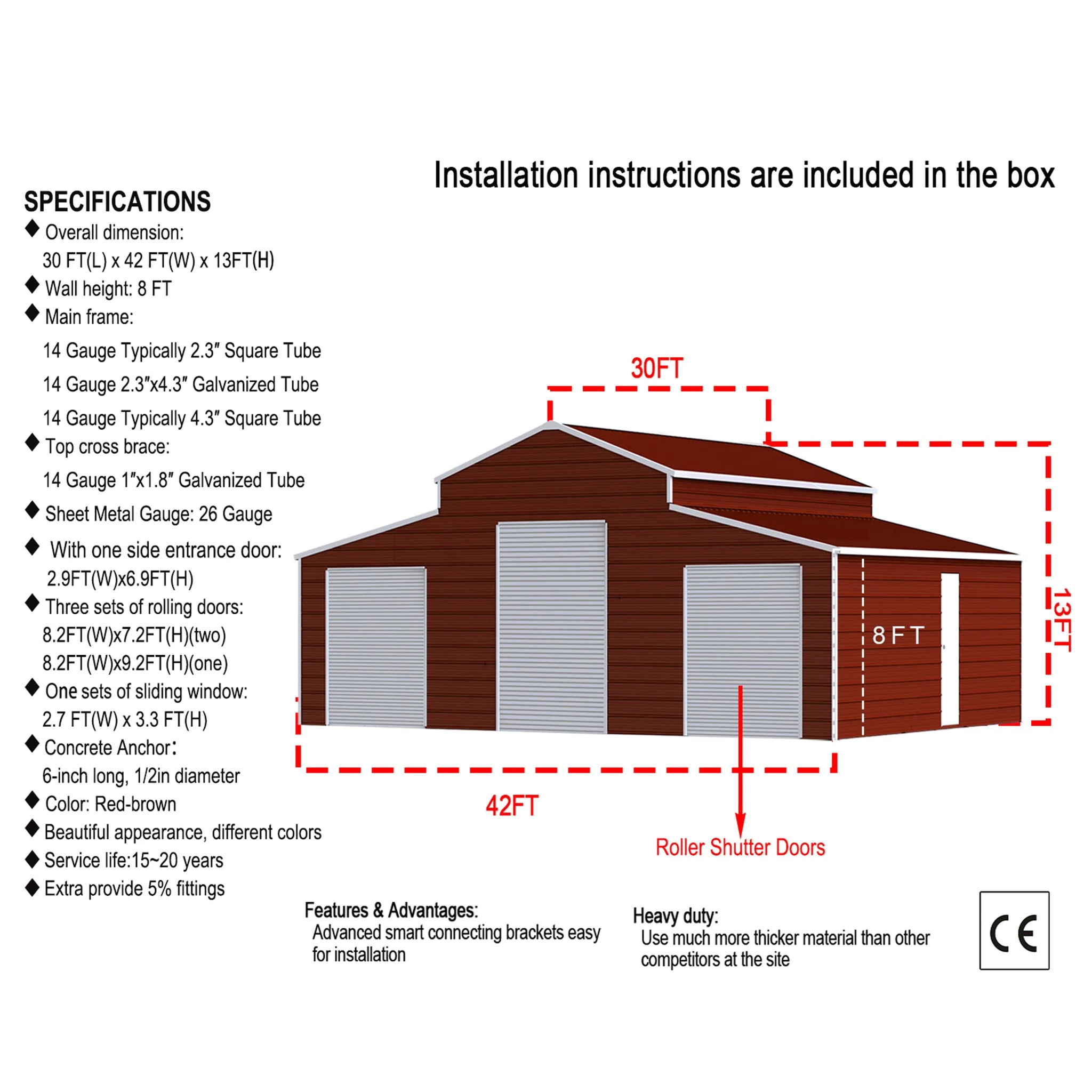 30' x 42' FT Heavy-Duty All-Weather 3-Car Garage Galvanized Steel Storage Shed - Image 6
