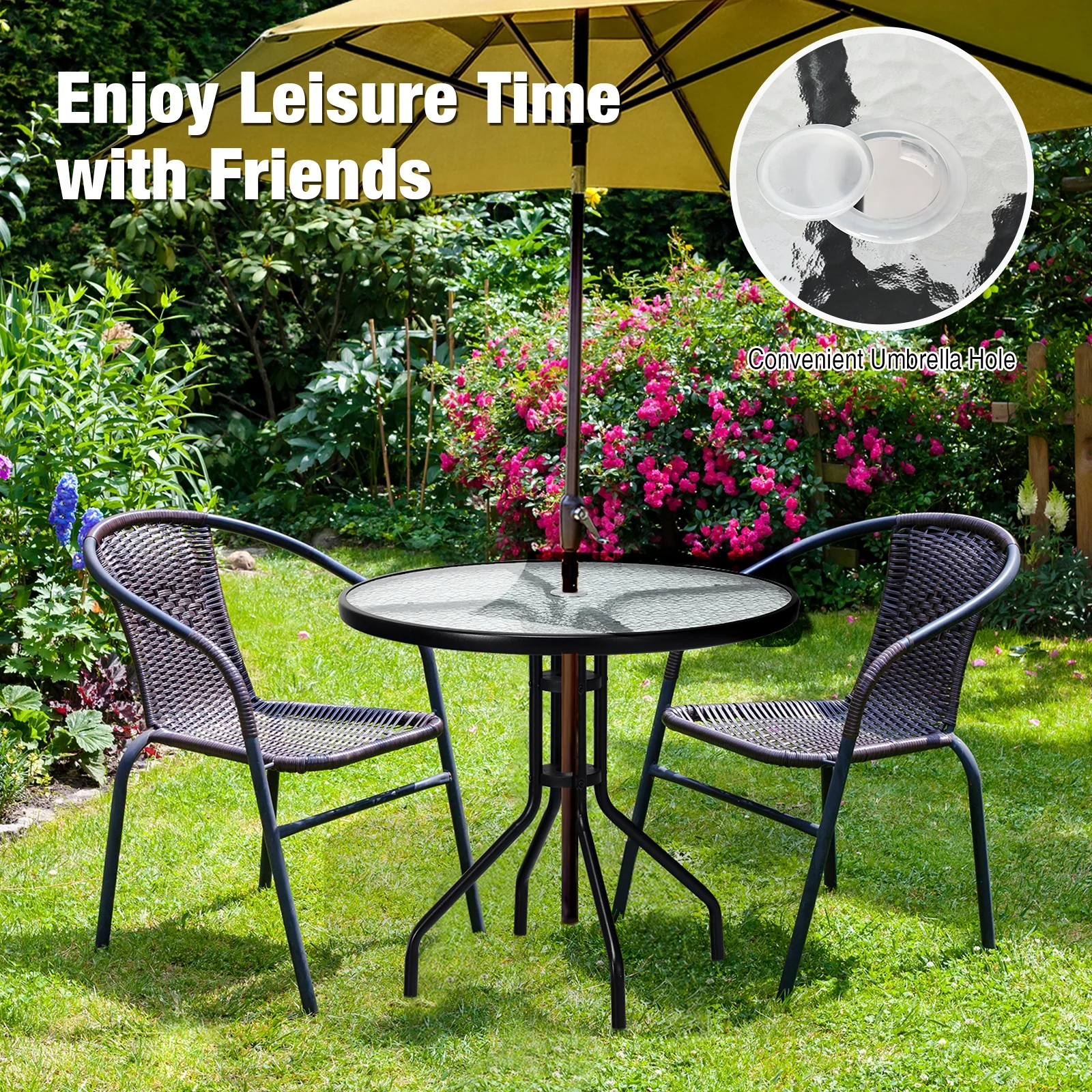 32 Inch Outdoor Patio Round Tempered Glass Top Table with Umbrella Hole - Image 2