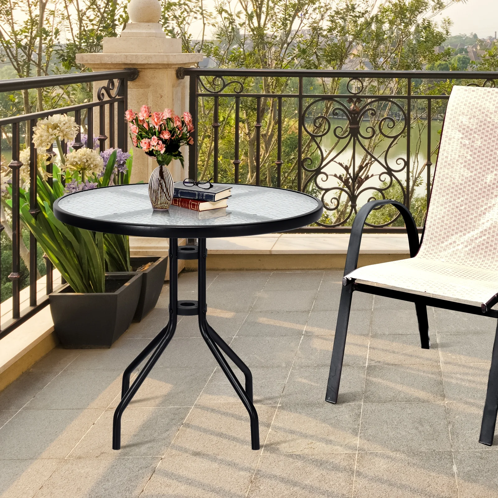 32 Inch Outdoor Patio Round Tempered Glass Top Table with Umbrella Hole - Image 5