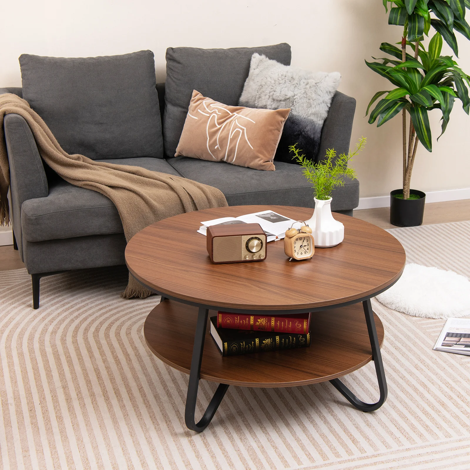 33.5 Inch Round Coffee Table with Wood Grain Finish and Heavy-Duty Metal Frame - Image 2