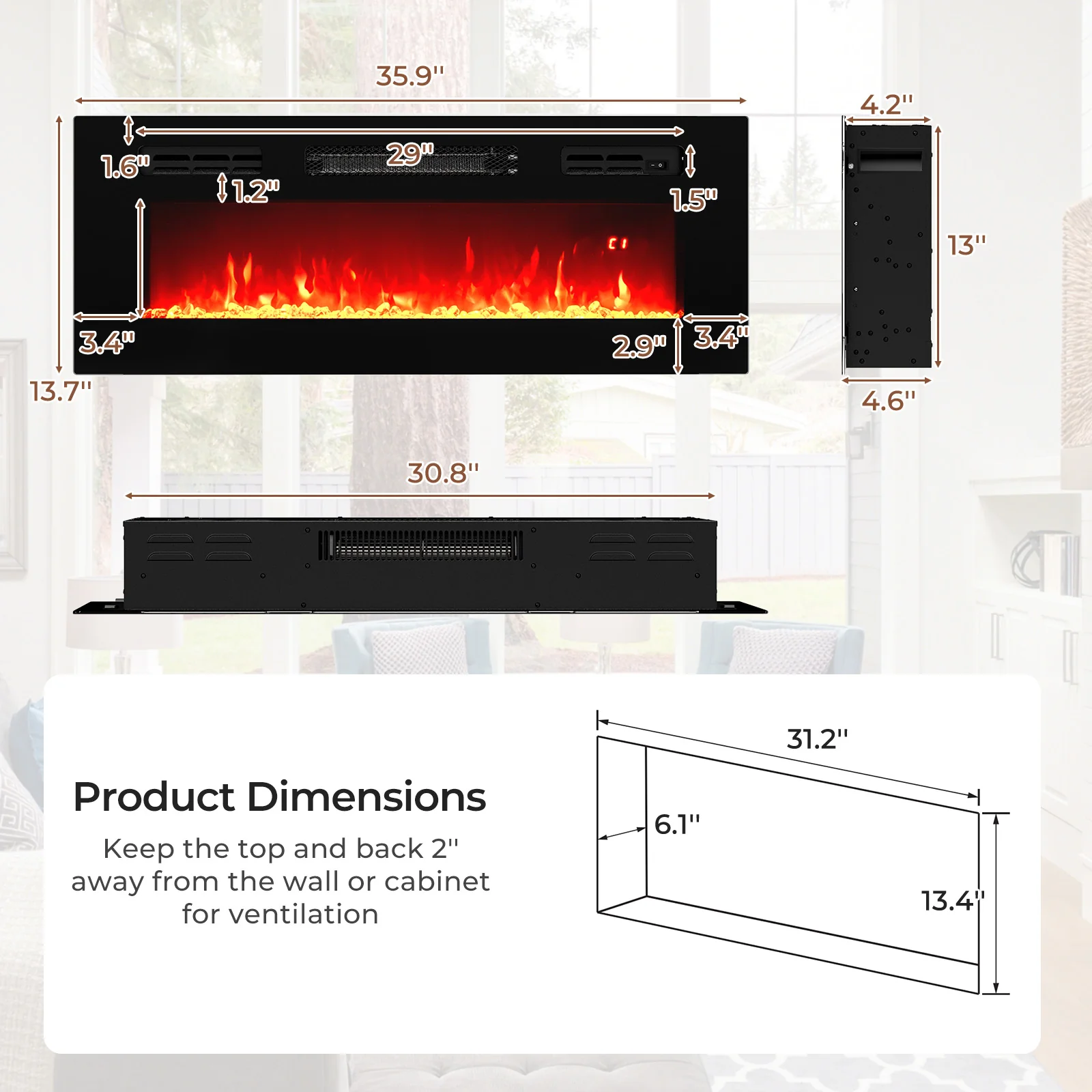 36 Inches Electric Fireplace Heater Recessed with LED Strip Lights and Remote Control - Image 4