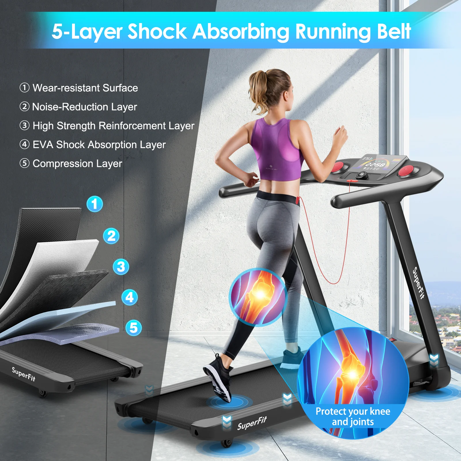 4.75HP Folding Treadmill with Preset Programs Touch Screen Control-Black - Image 7