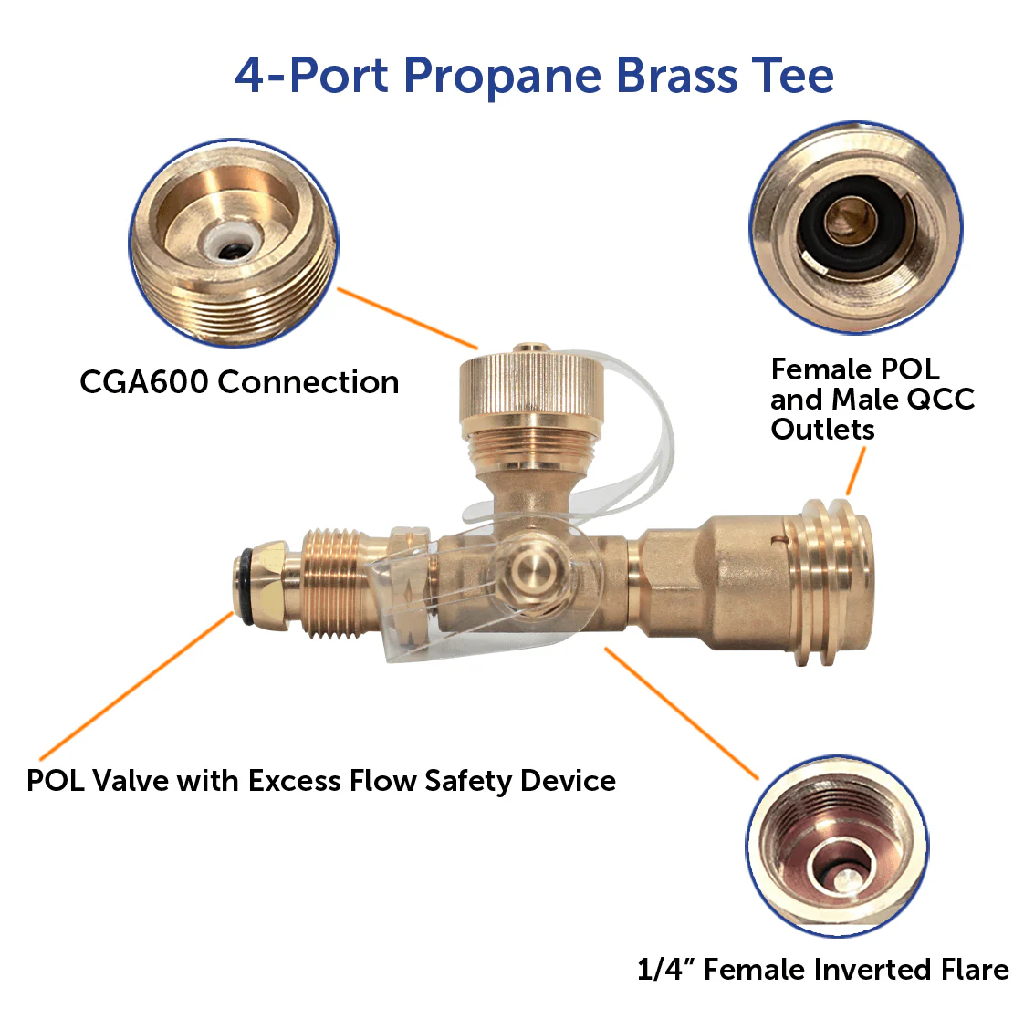 4 Port Brass Tee Propane Adapter - Flame King - Image 2