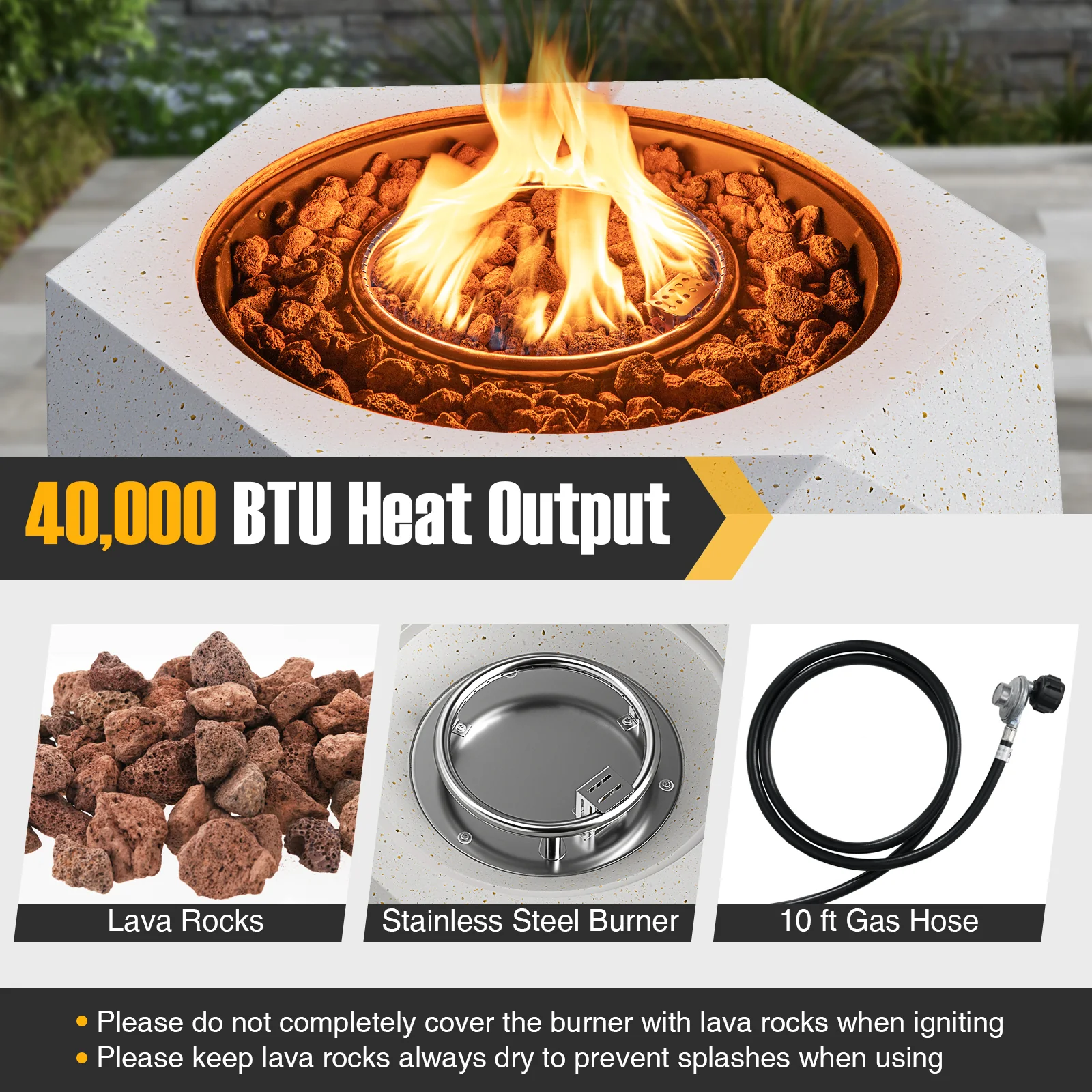 40000 BTU 28 Inch Hexagon Terrazzo Propane Fire Pit Table with Stainless Steel Burner - Image 8