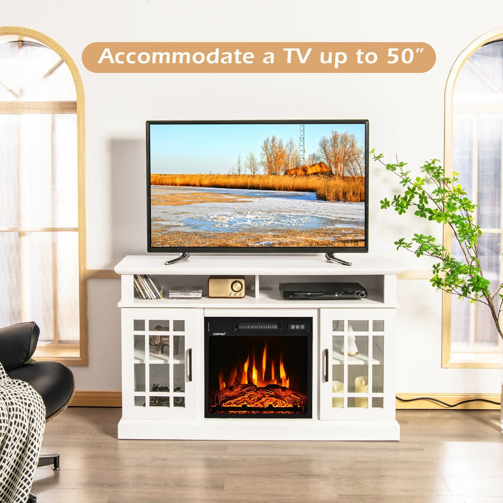 48 Inch Electric Fireplace TV Stand with Cabinets for TVs Up to 50 Inch-White - Image 8