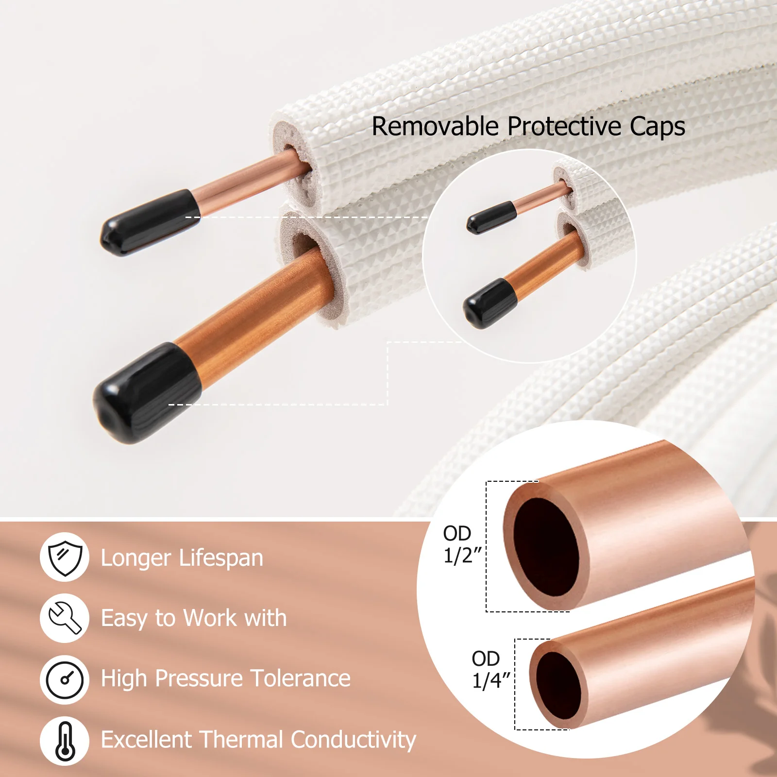 50 Feet Mini Split Line Set with 1/4 Inch and 1/2 Inch O.D. Copper Pipes Tubing - Image 4