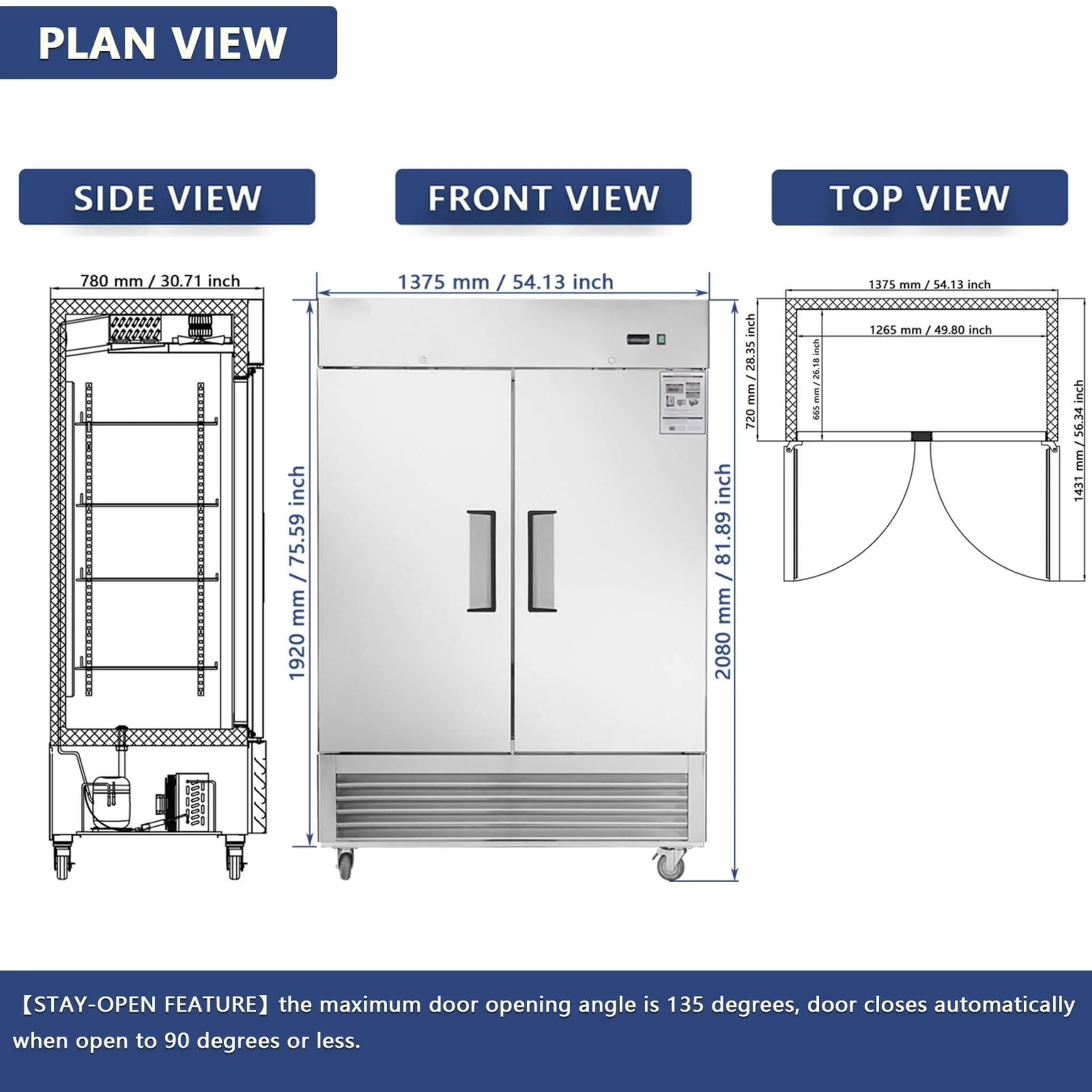 54-Inch 42.2 Cu.Ft Commercial Stainless Steel 2-Section Upright Reach-In Freezer - Image 12