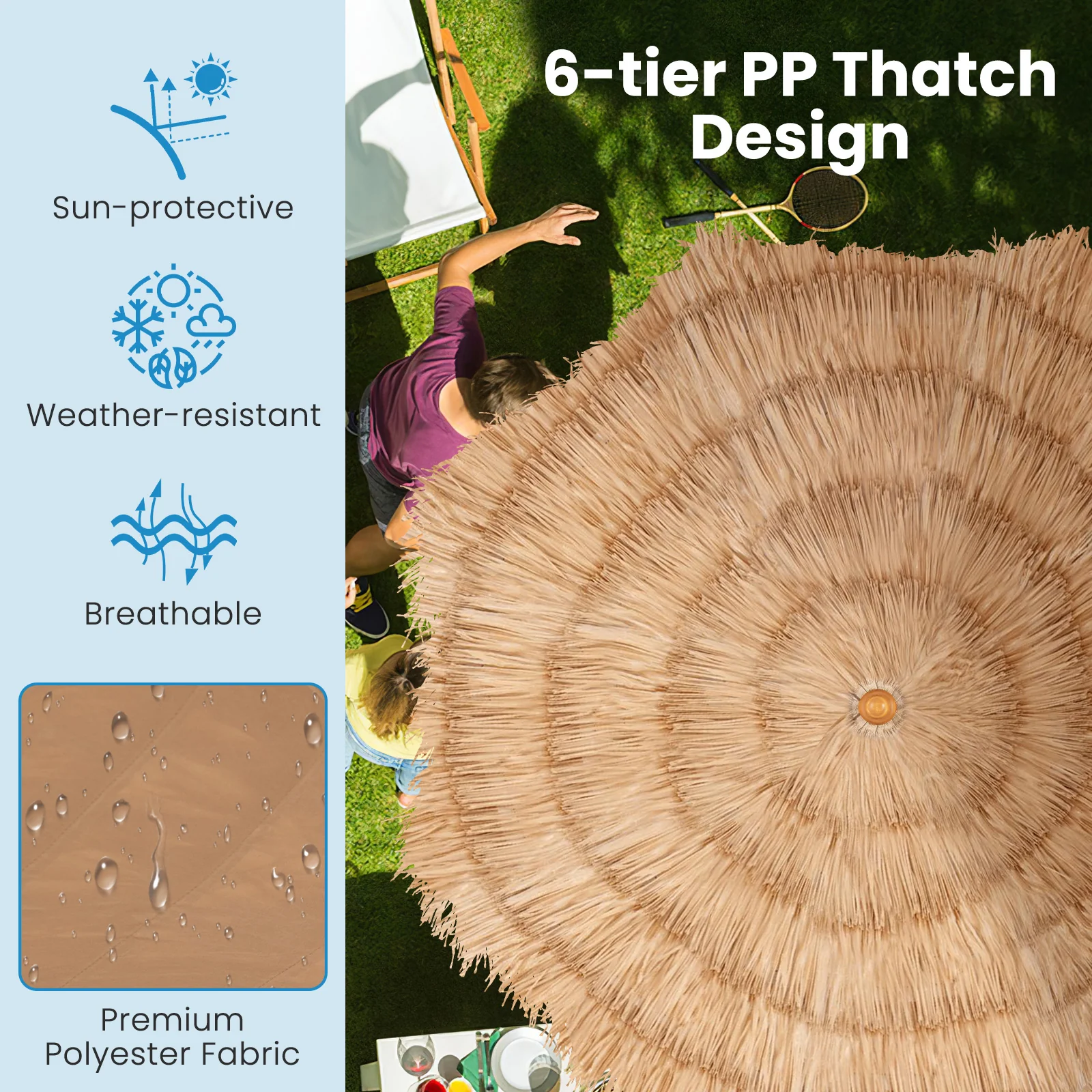 6.5 Feet Thatched Tiki Umbrella with Foldable Stand Push Button Tilt-Natural - Image 5