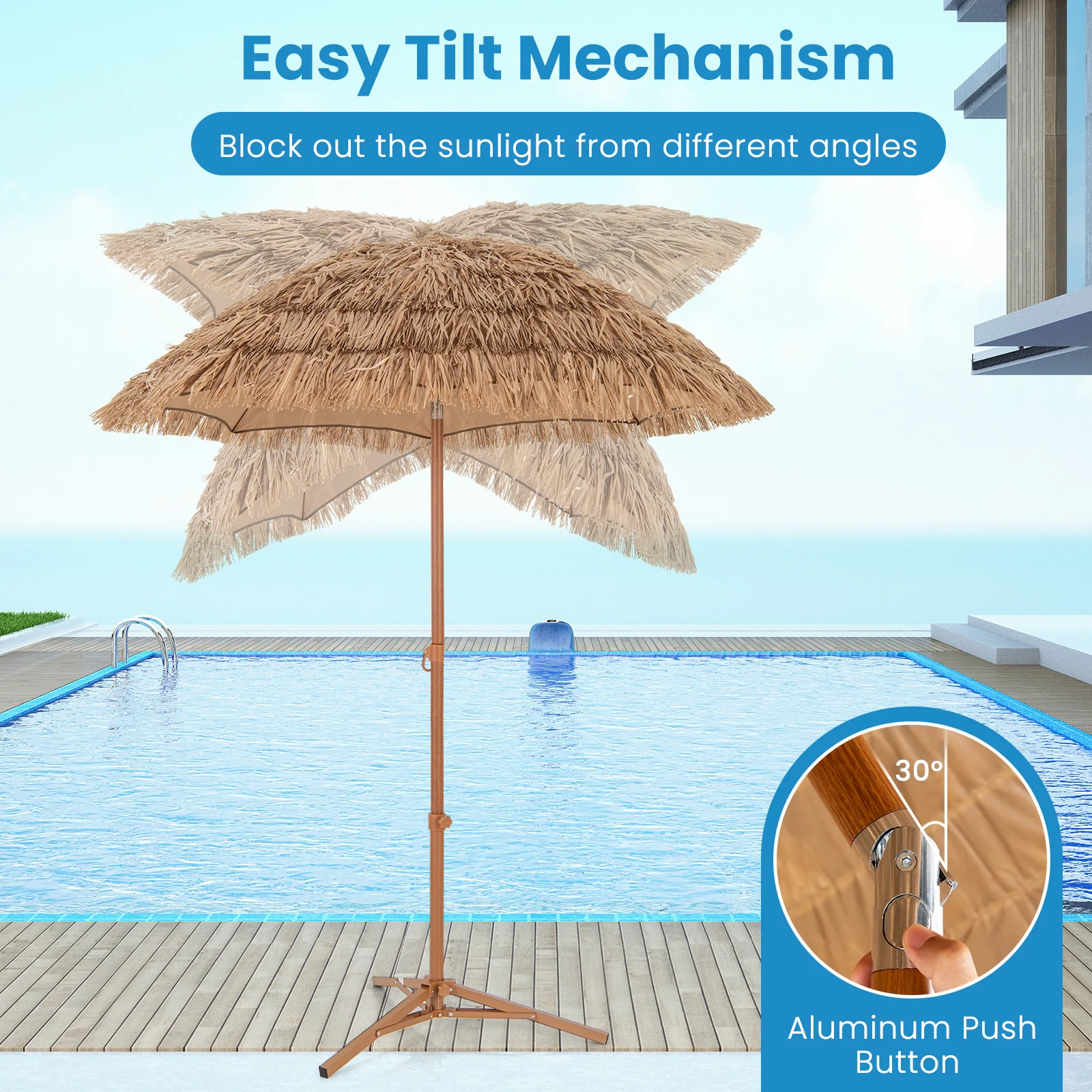 6.5 Feet Thatched Tiki Umbrella with Foldable Stand Push Button Tilt-Natural - Image 8