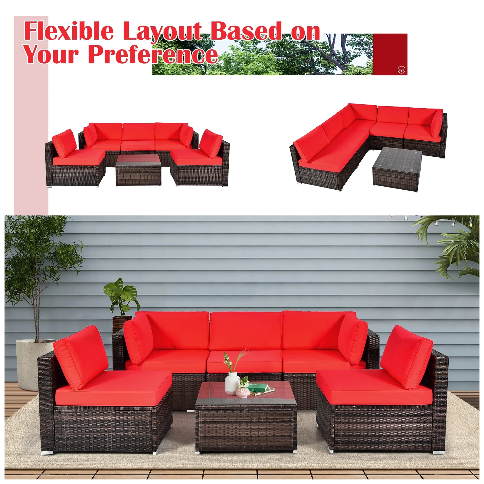 6 Pieces Patio Rattan Furniture Set with Cushions and Glass Coffee Table - Image 12