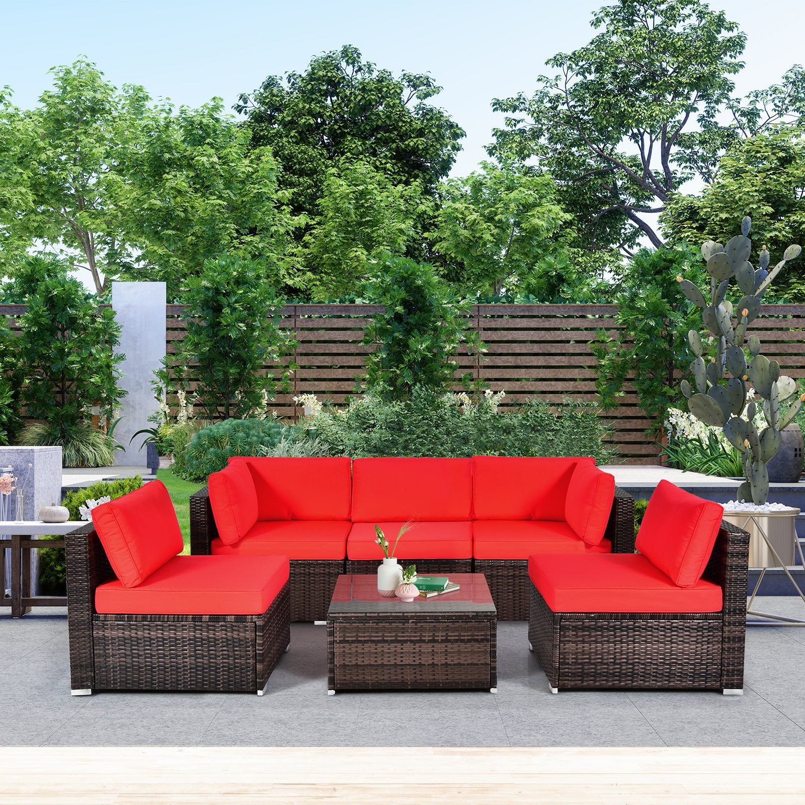 6 Pieces Patio Rattan Furniture Set with Cushions and Glass Coffee Table - Image 13