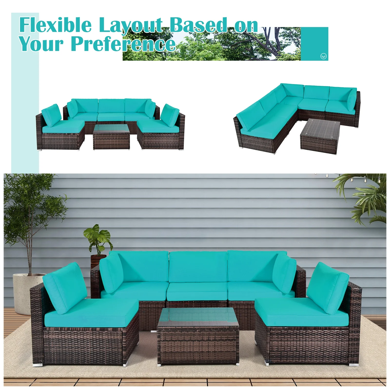 6 Pieces Patio Rattan Furniture Set with Cushions and Glass Coffee Table - Image 21