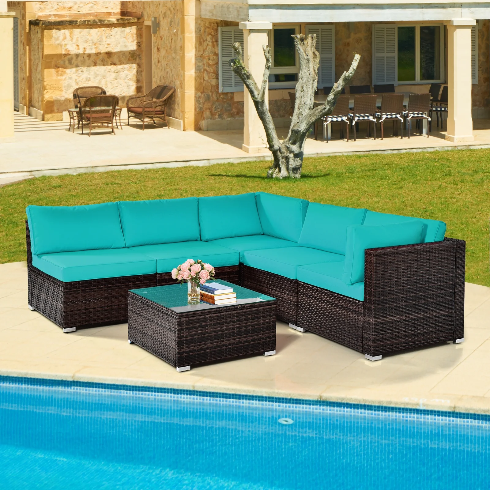 6 Pieces Patio Rattan Furniture Set with Cushions and Glass Coffee Table - Image 23