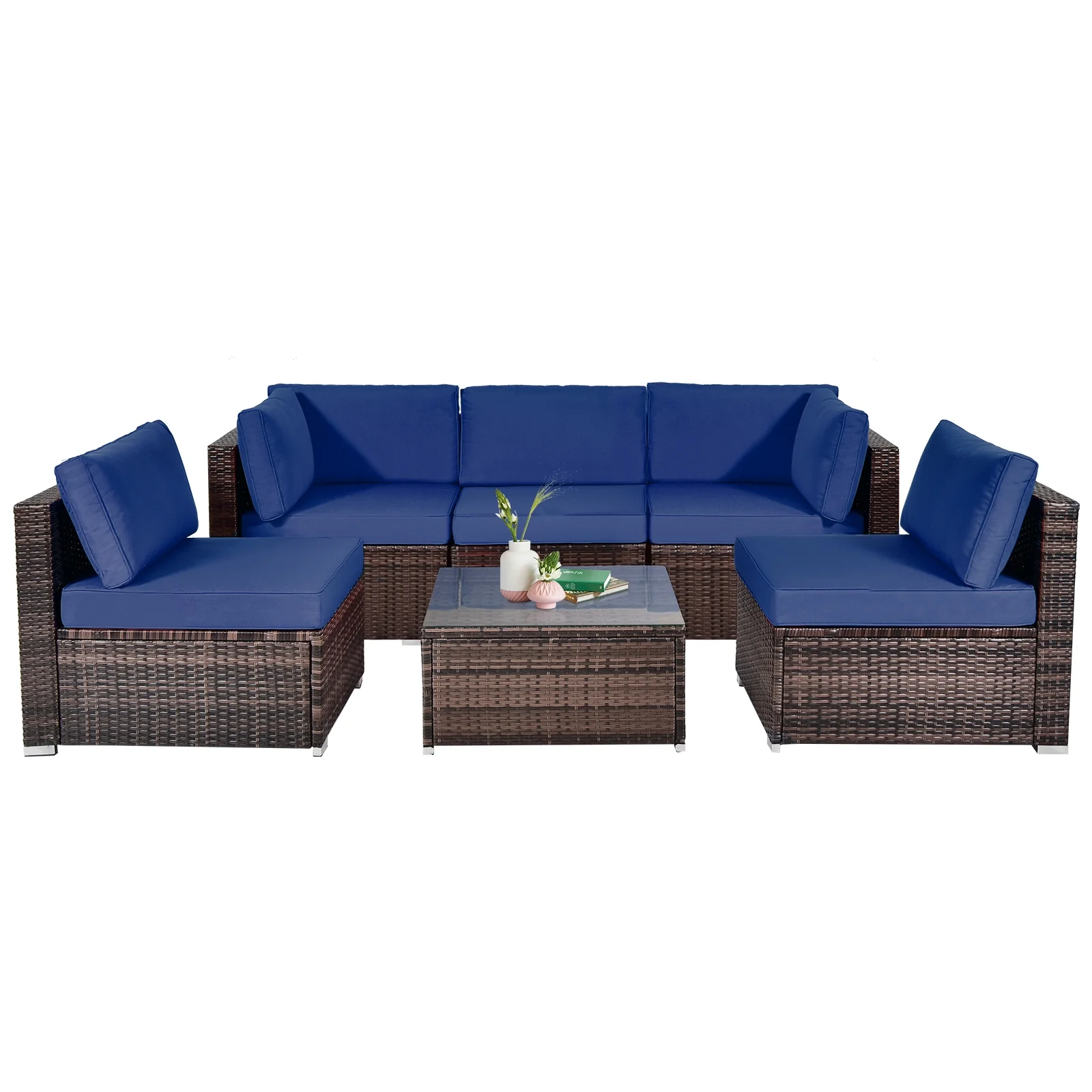 6 Pieces Patio Rattan Furniture Set with Cushions and Glass Coffee Table - Image 4