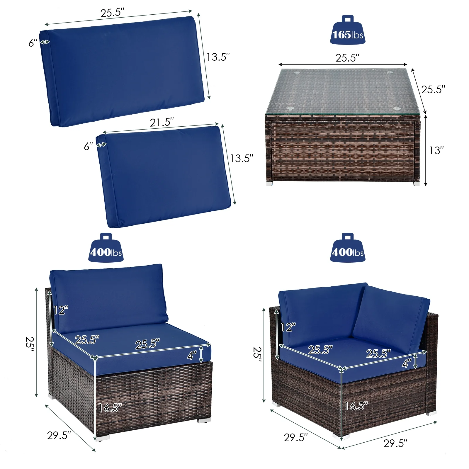 6 Pieces Patio Rattan Furniture Set with Cushions and Glass Coffee Table - Image 5