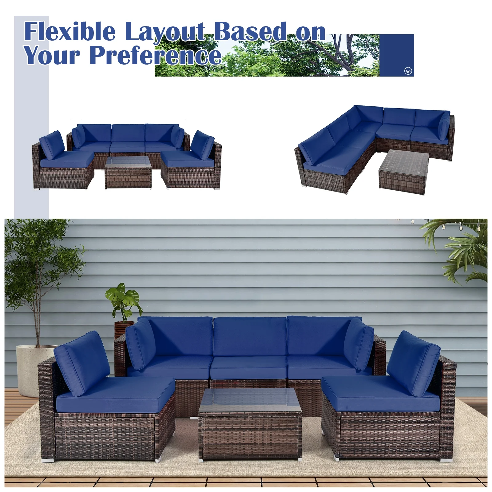 6 Pieces Patio Rattan Furniture Set with Cushions and Glass Coffee Table - Image 8