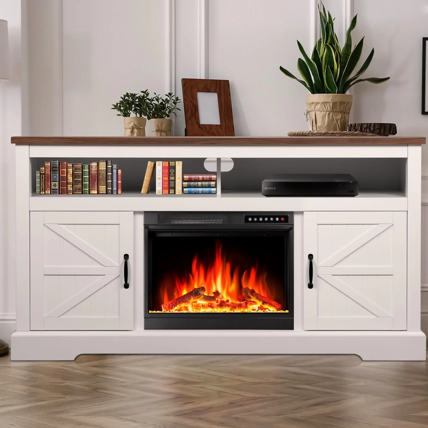 60" Fireplace TV Stand with Freestanding Electric Fireplace & Wooden Storage Cabinet - Image 4