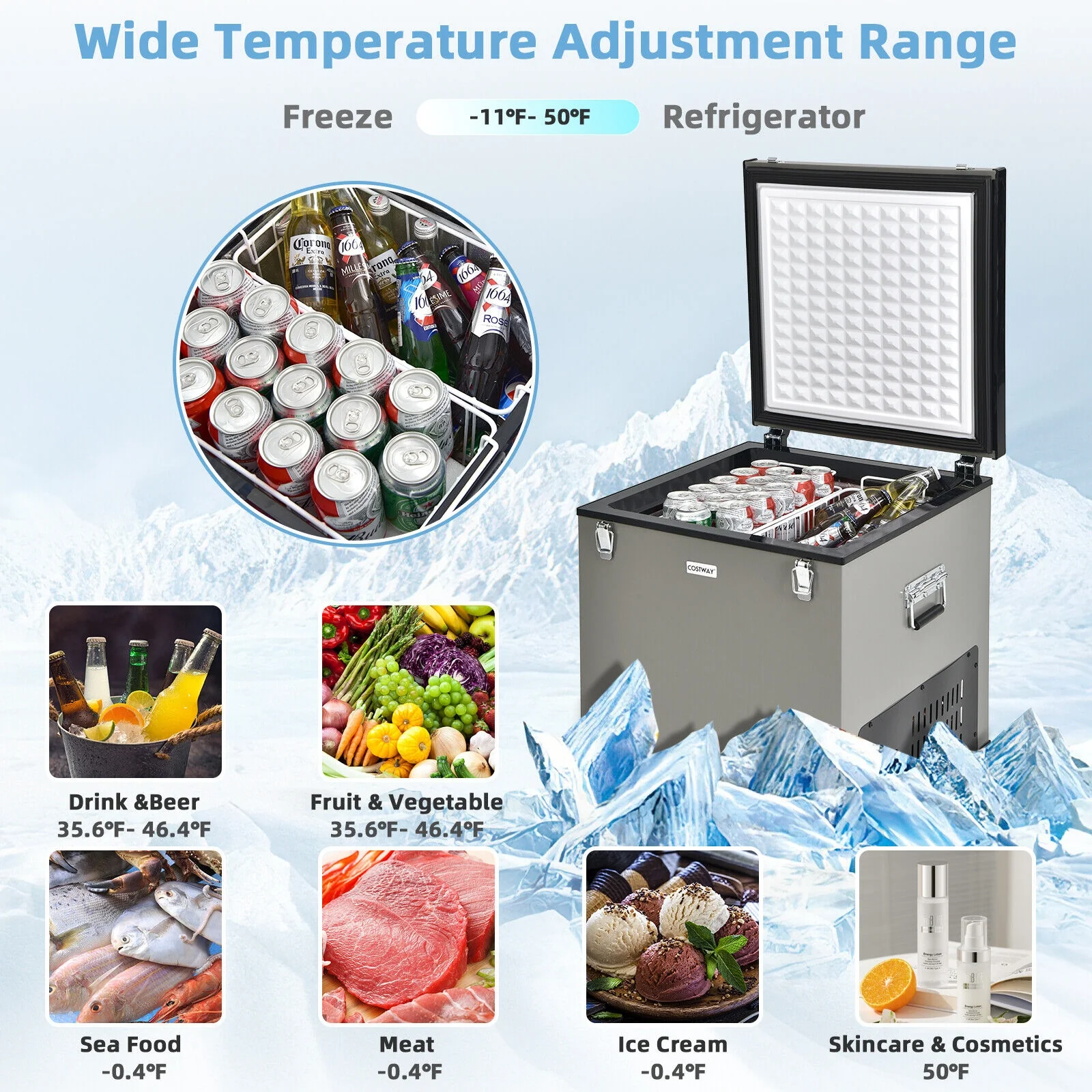 68 Quart Portable Car Refrigerator with DC and AC Adapter-Gray - Image 2
