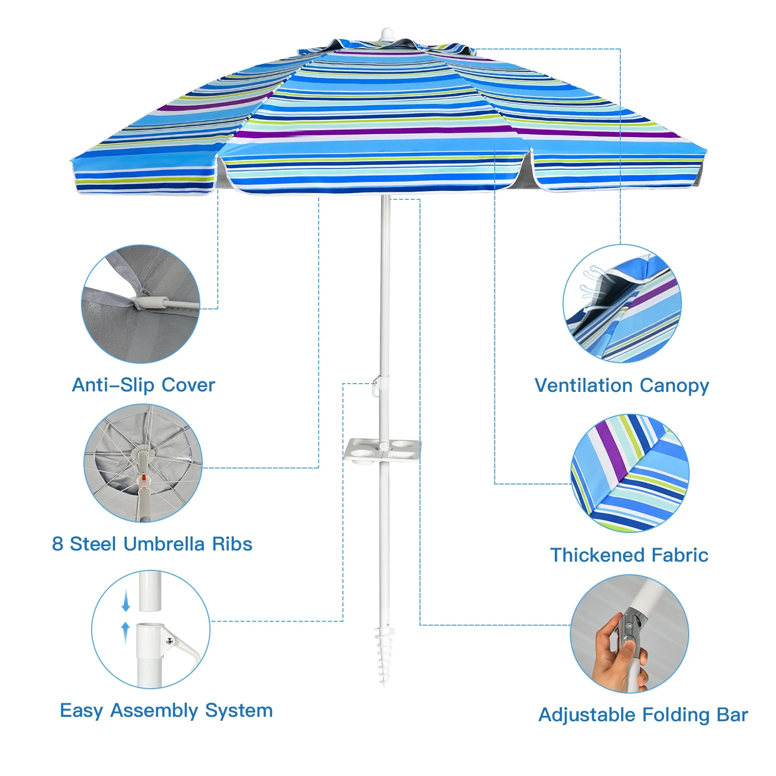 7.2 Feet Portable Outdoor Beach Umbrella with Sand Anchor and Tilt Mechanism-Blue - Image 5