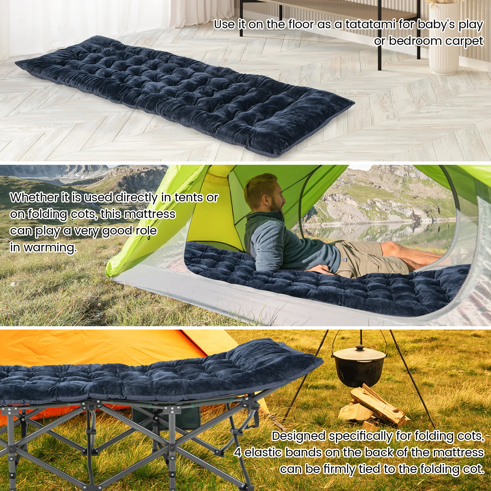75 x 27.5 Inch Camping Cot Pads with Soft and Breathable Crystal Velvet-Navy - Image 4