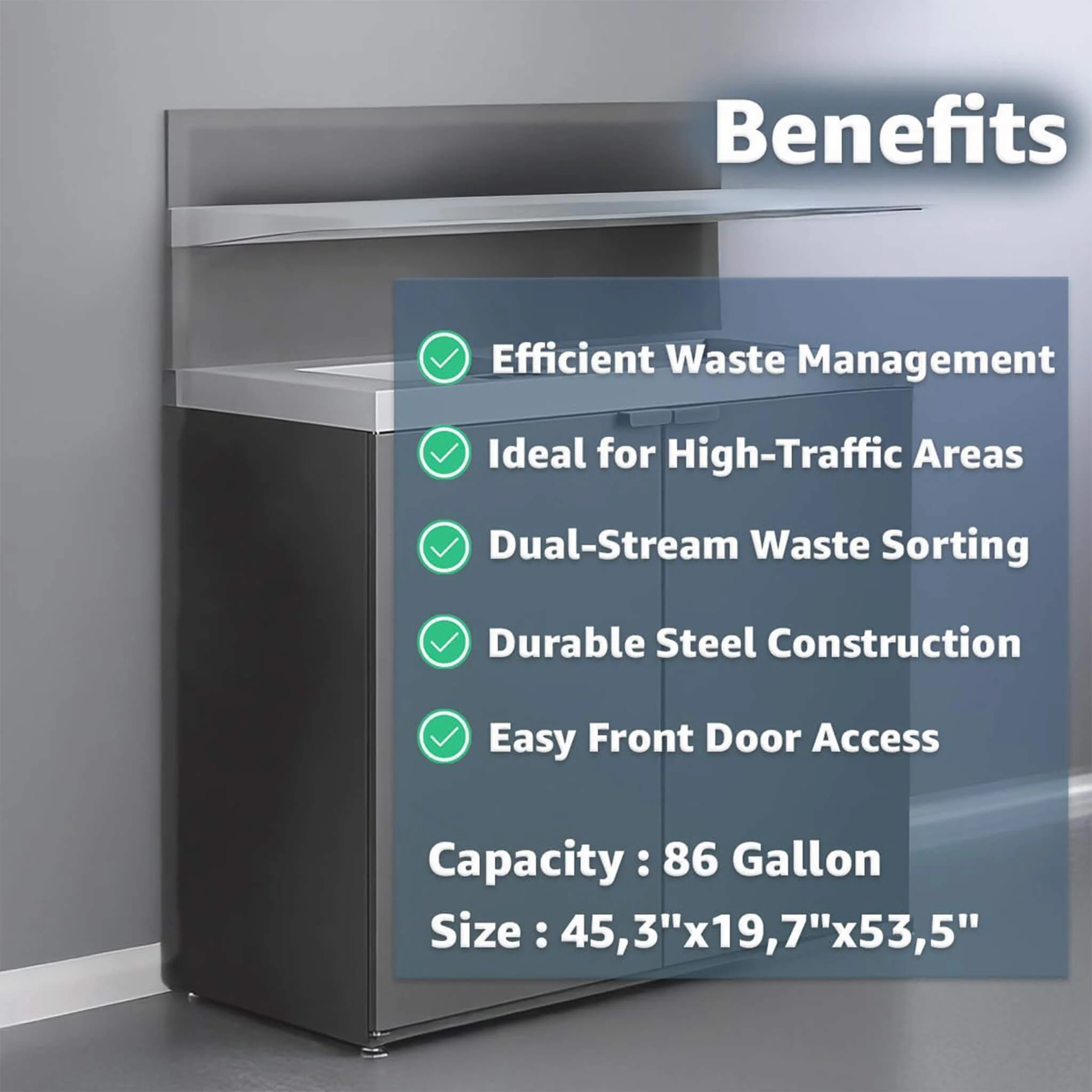 86-Gallon Heavy-Duty Commercial Steel Two-Stream Trash Can Cabinet with Tray Holder - Image 4